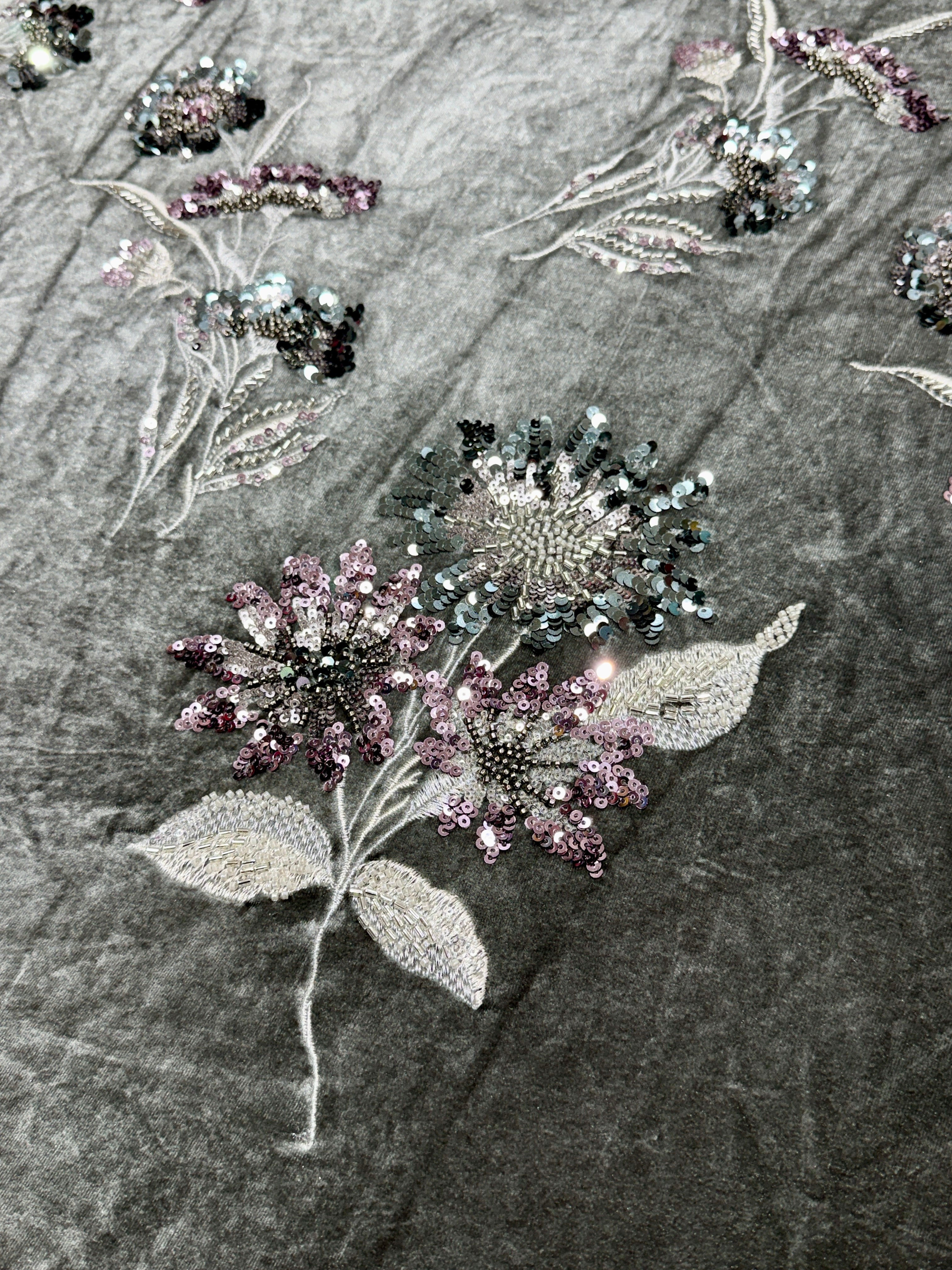 Charcoal Grey Floral Sequin & Beaded Velvet Fabric | 2506642
