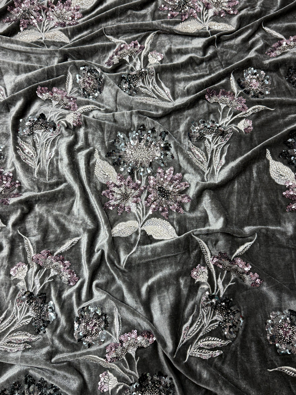 Charcoal Grey Floral Sequin & Beaded Velvet Fabric | 2506642