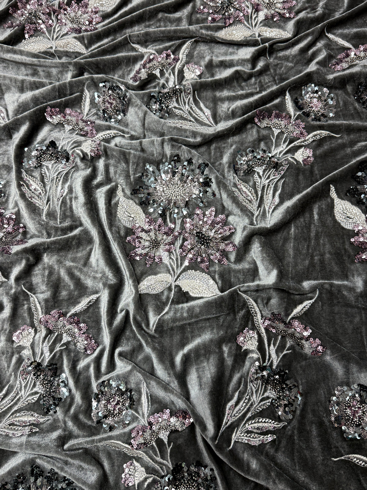 Charcoal Grey Floral Sequin & Beaded Velvet Fabric | 2506642