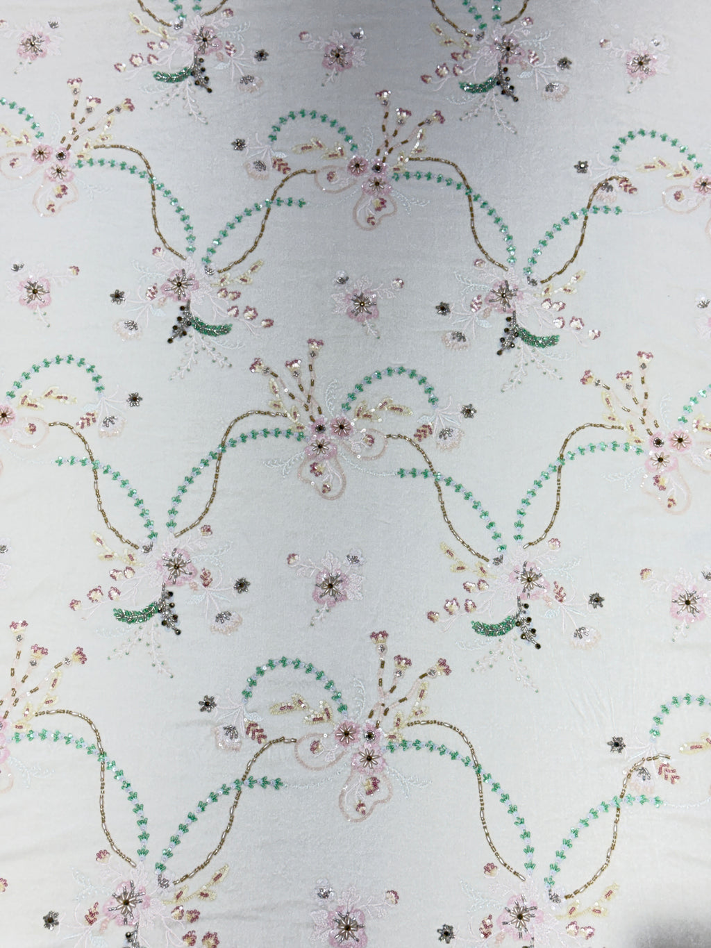 Off-White Floral Beaded Velvet Fabric | 2506648