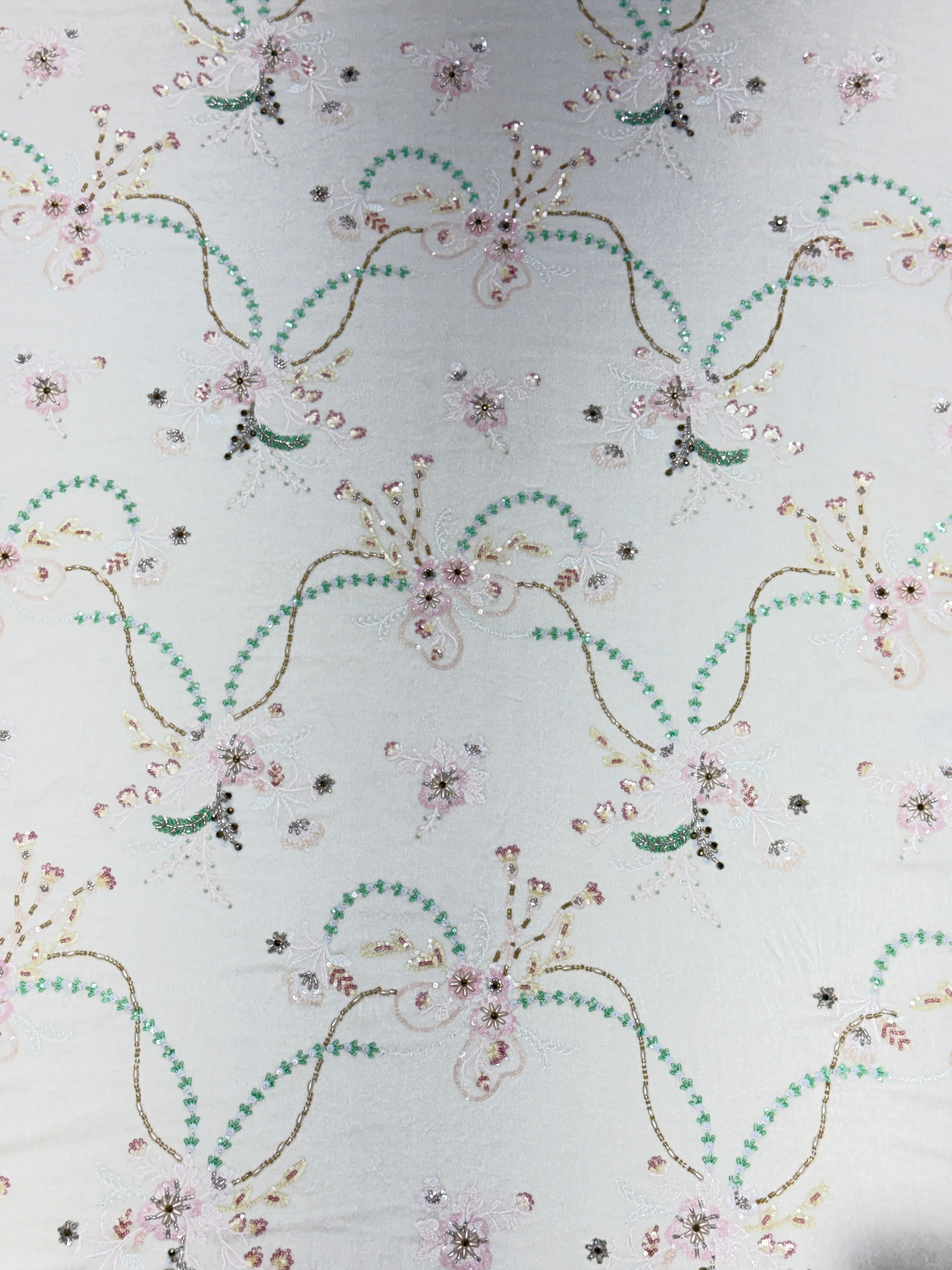 Off-White Floral Beaded Velvet Fabric | 2506648