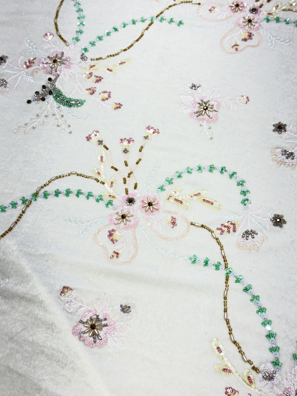 Off-White Floral Beaded Velvet Fabric | 2506648