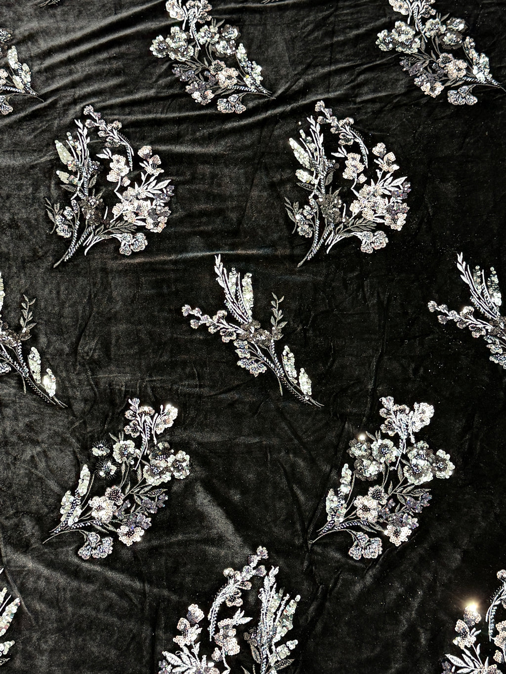 Black Floral Sequin Embellished Velvet Fabric | 2506642