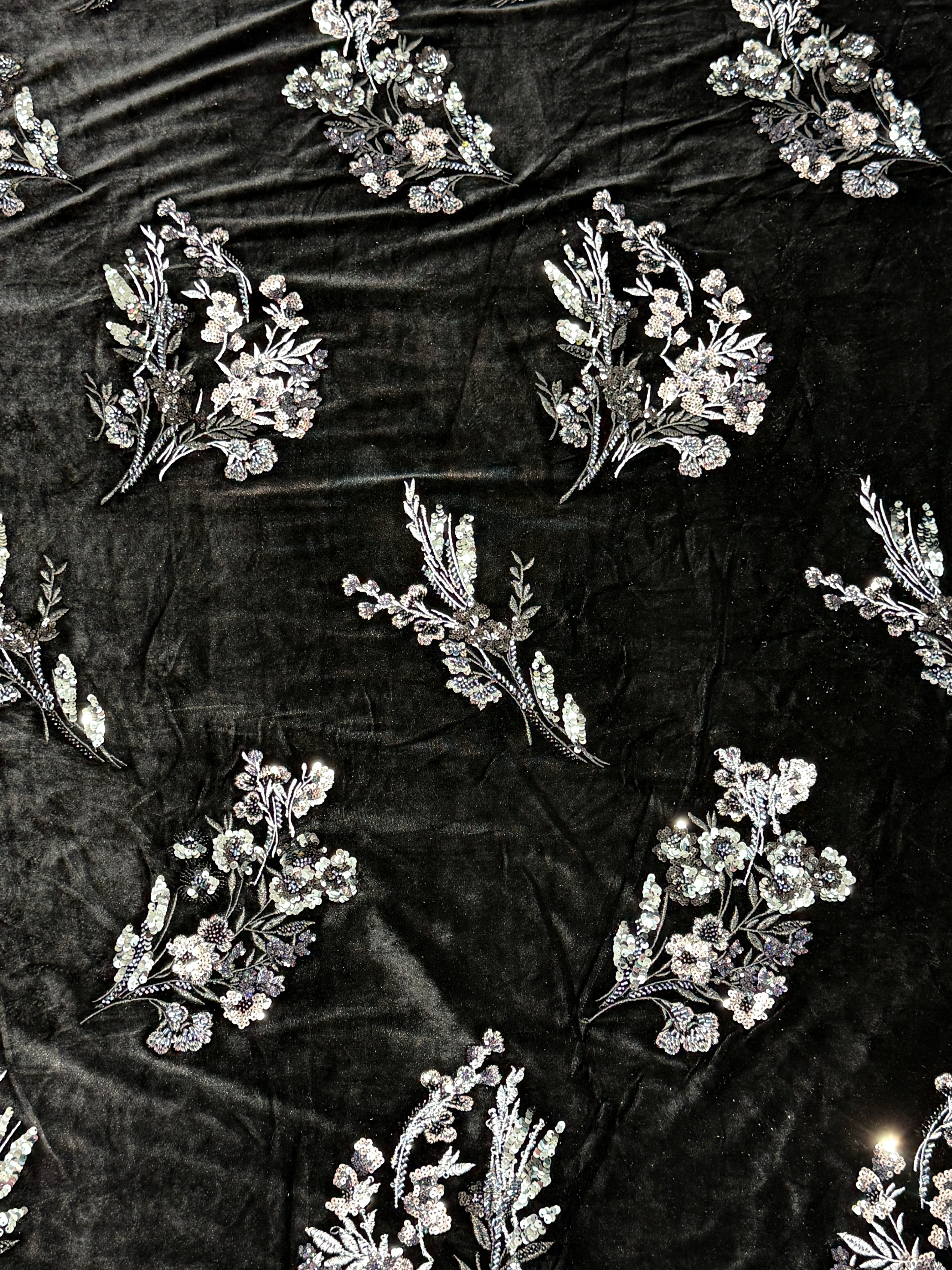 Black Floral Sequin Embellished Velvet Fabric | 2506642