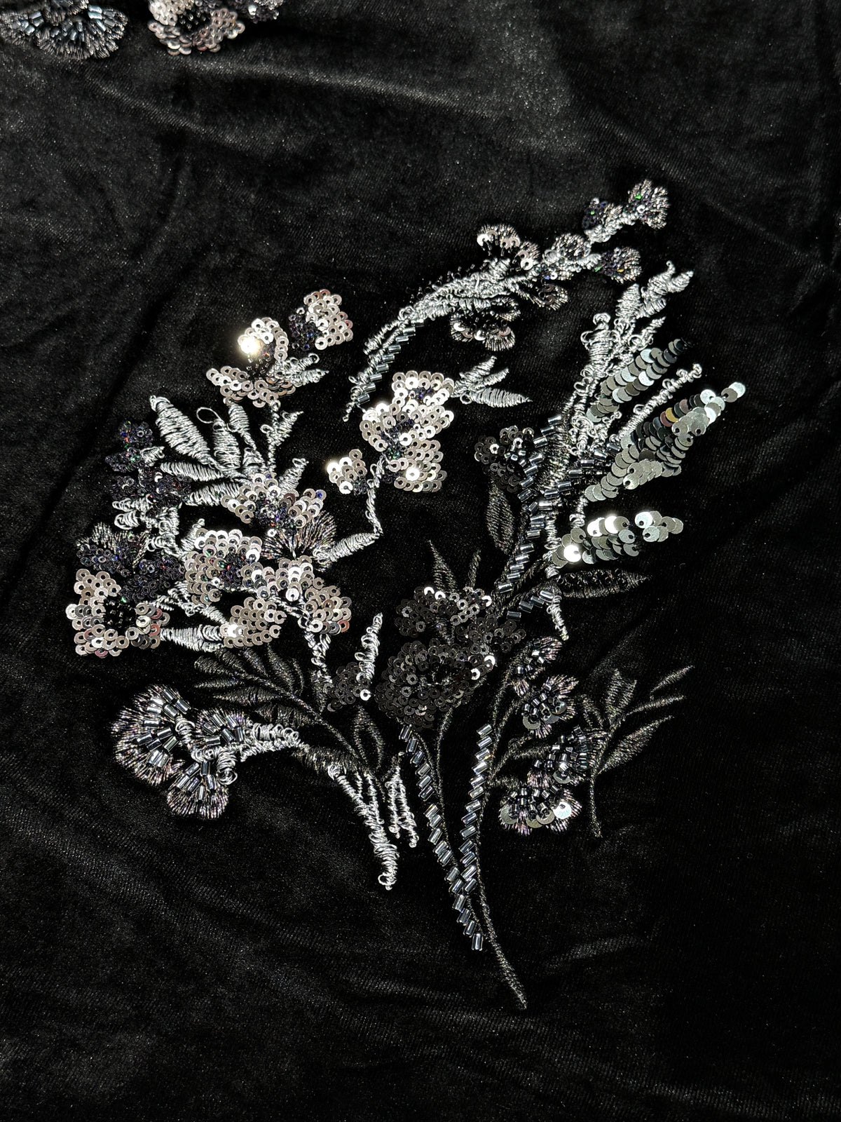 Black Floral Sequin Embellished Velvet Fabric | 2506642