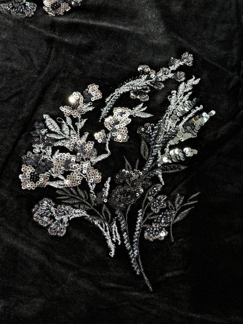 Black Floral Sequin Embellished Velvet Fabric | 2506642