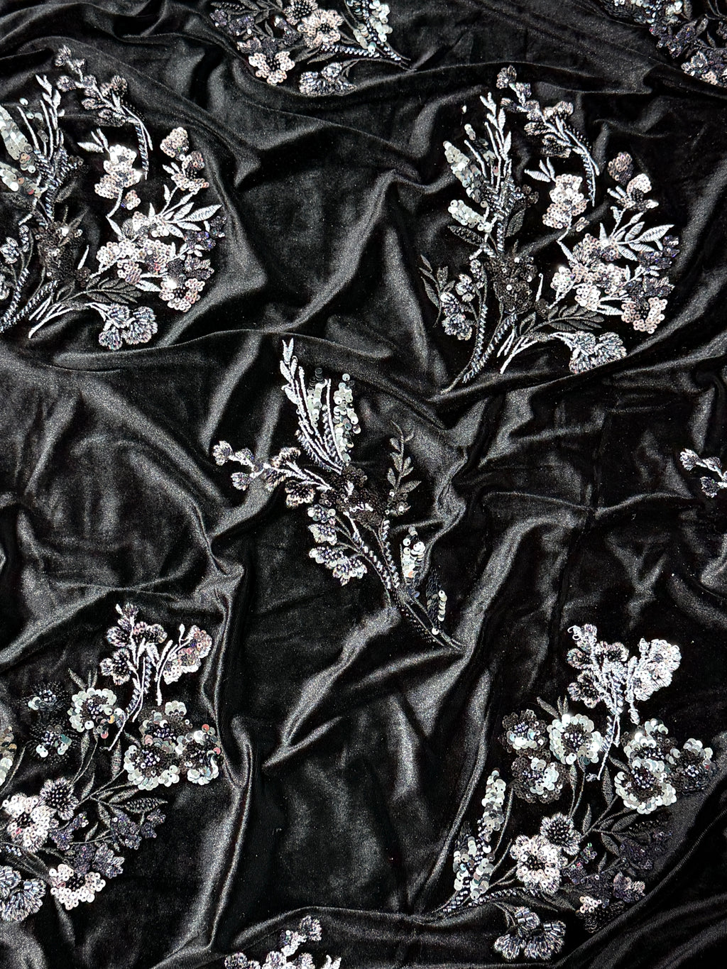 Black Floral Sequin Embellished Velvet Fabric | 2506642