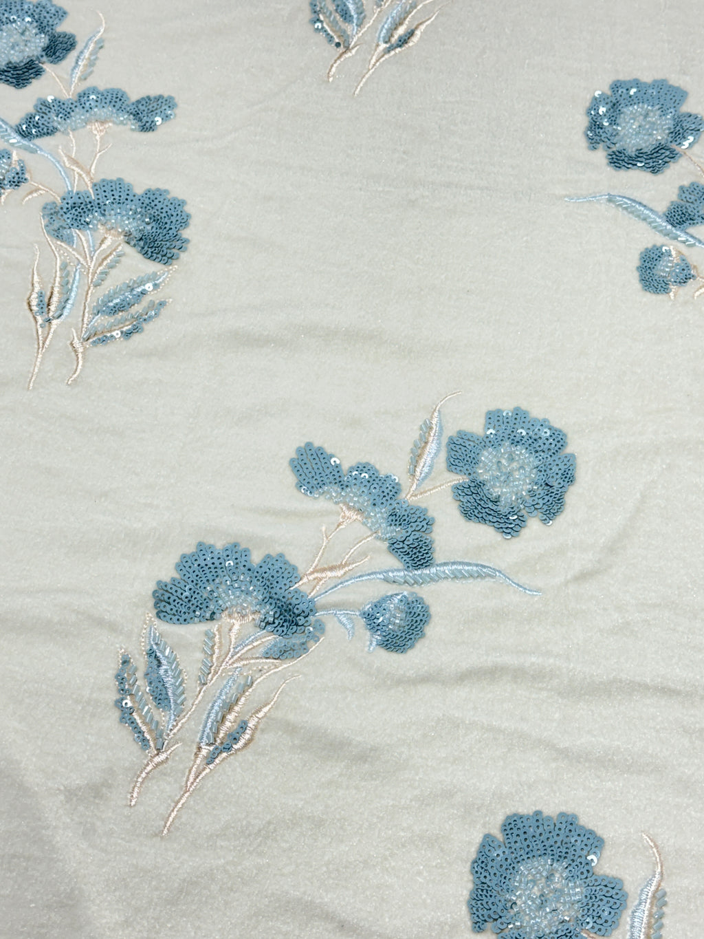 Ivory Blue Floral Sequin Velvet Fabric | 2506700