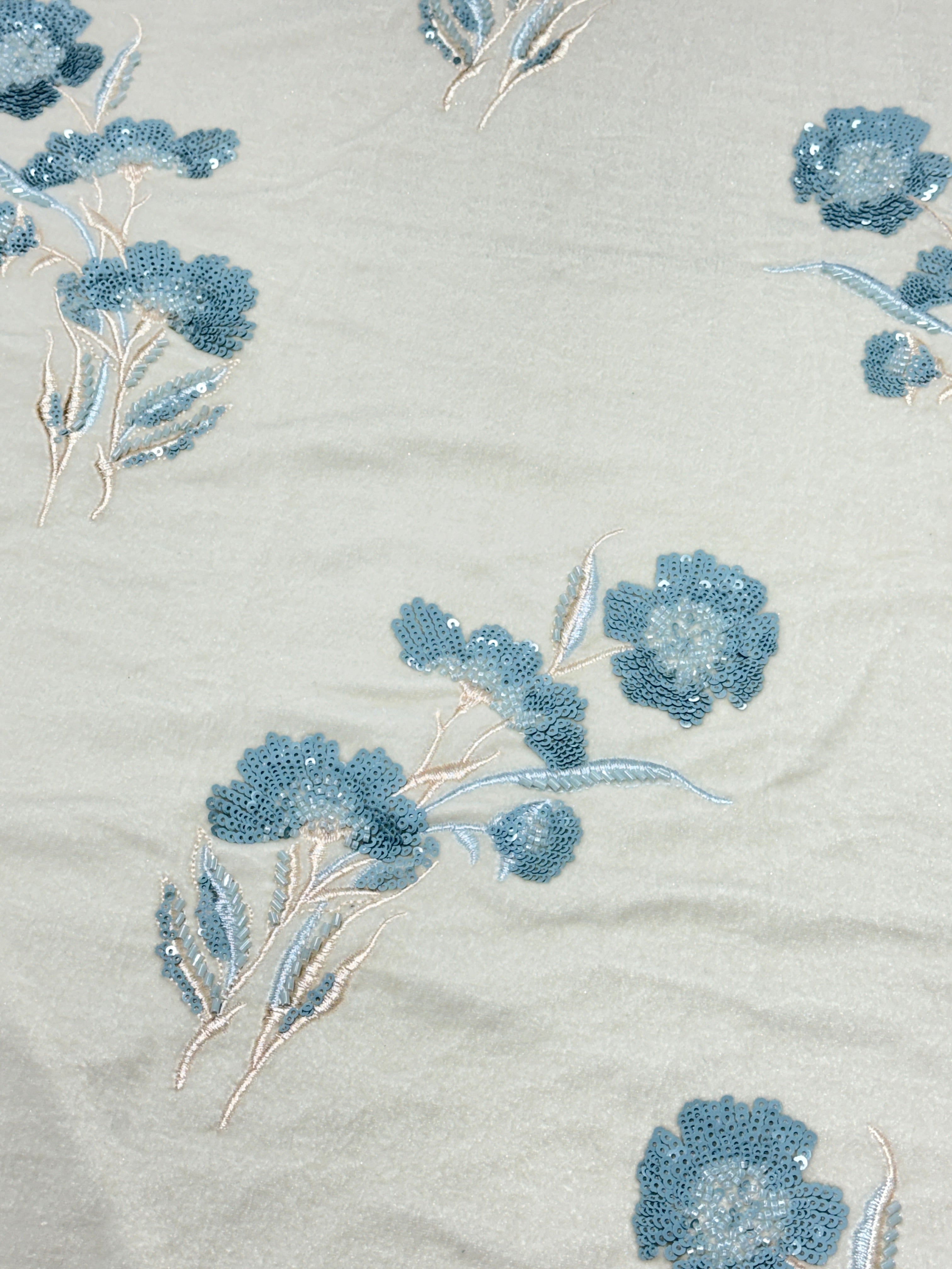 Ivory Blue Floral Sequin Velvet Fabric | 2506700