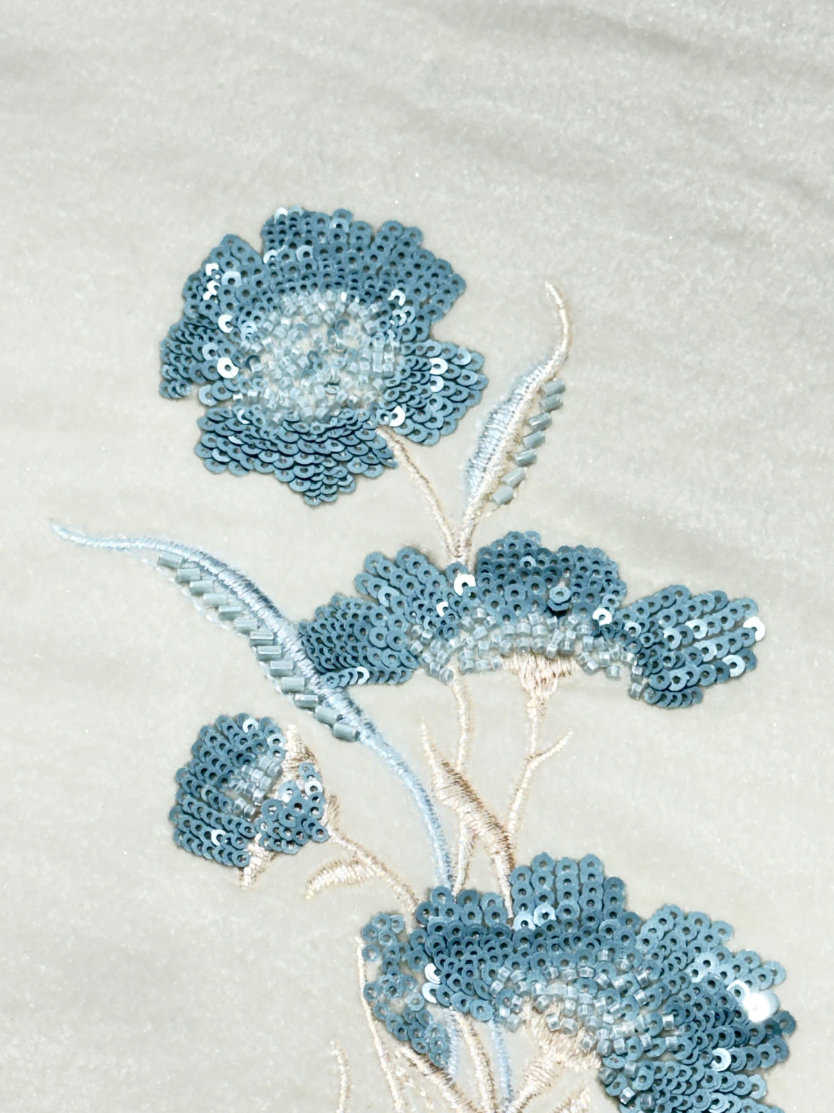 Ivory Blue Floral Sequin Velvet Fabric | 2506700