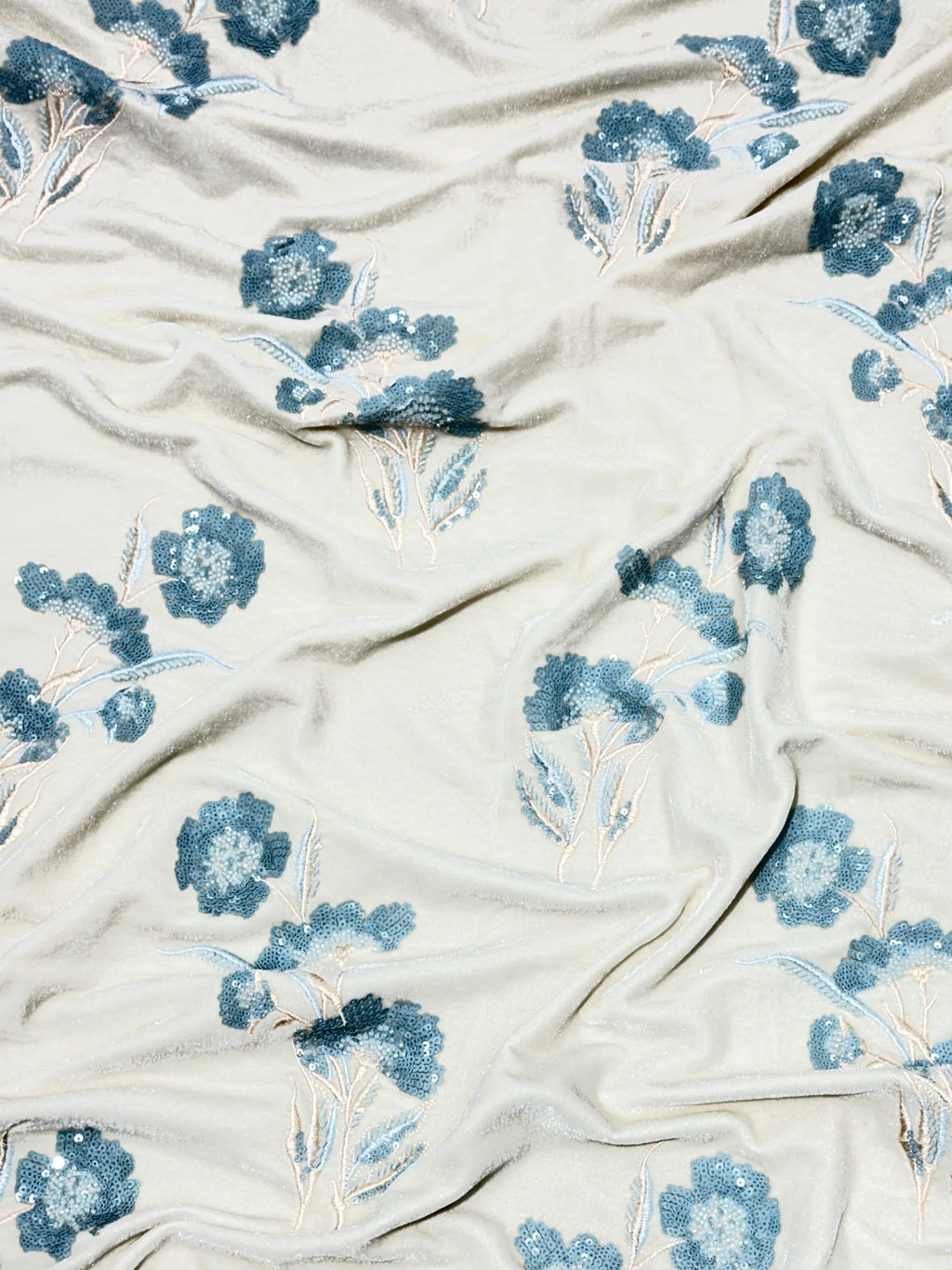 Ivory Blue Floral Sequin Velvet Fabric | 2506700