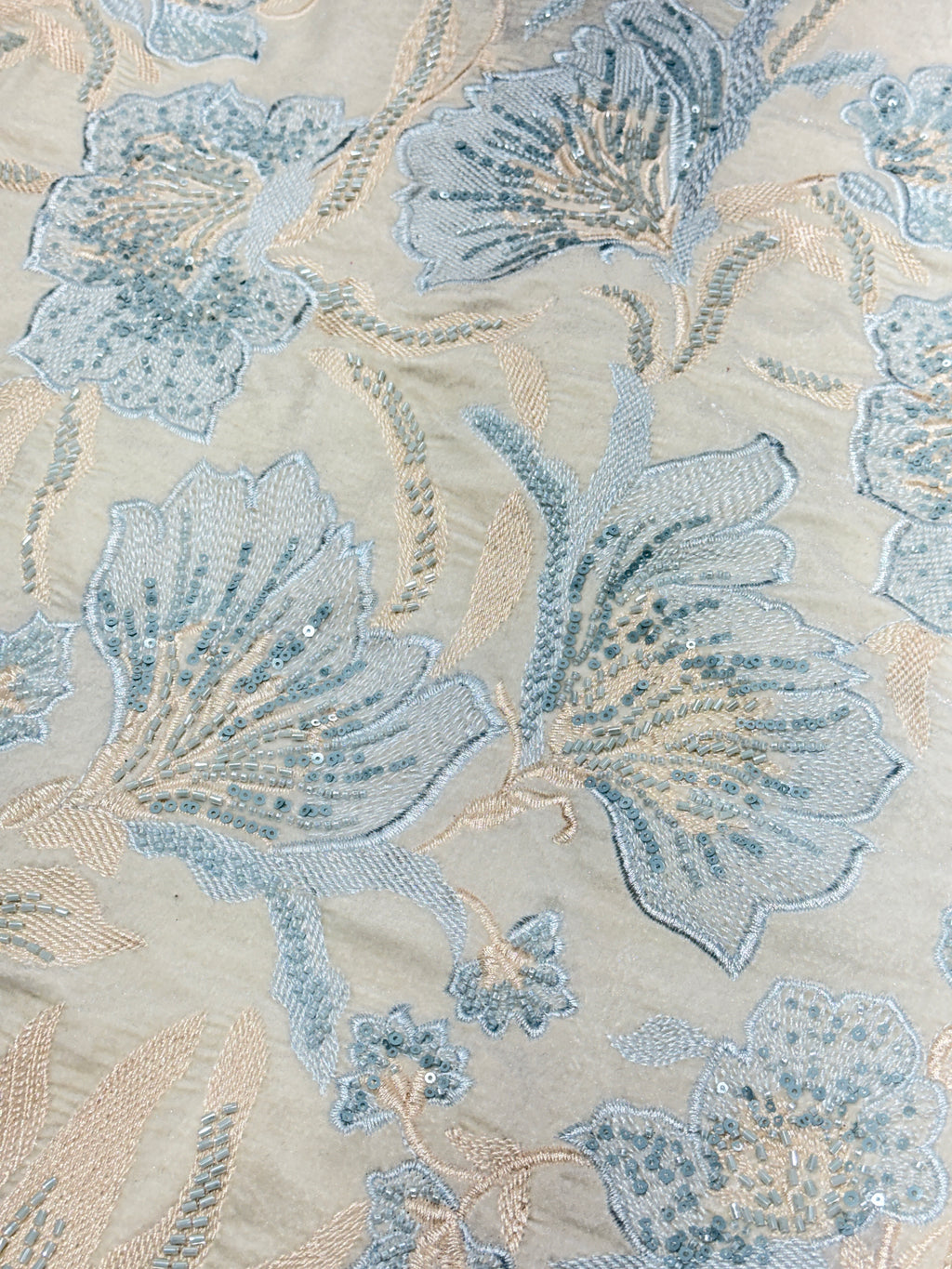 Ice Blue Floral Beaded Velvet Fabric | 2506704