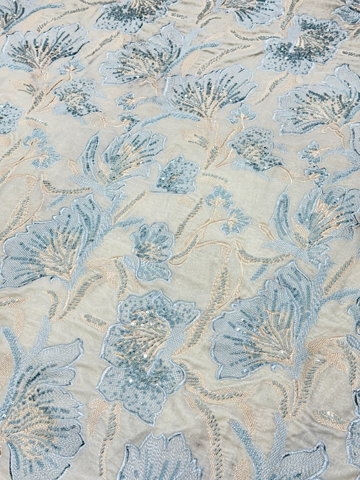 Ice Blue Floral Beaded Velvet Fabric | 2506704