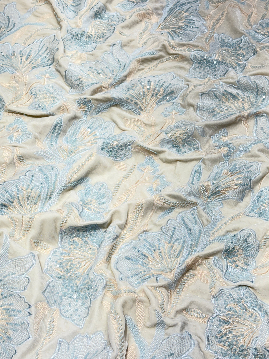 Ice Blue Floral Beaded Velvet Fabric | 2506704