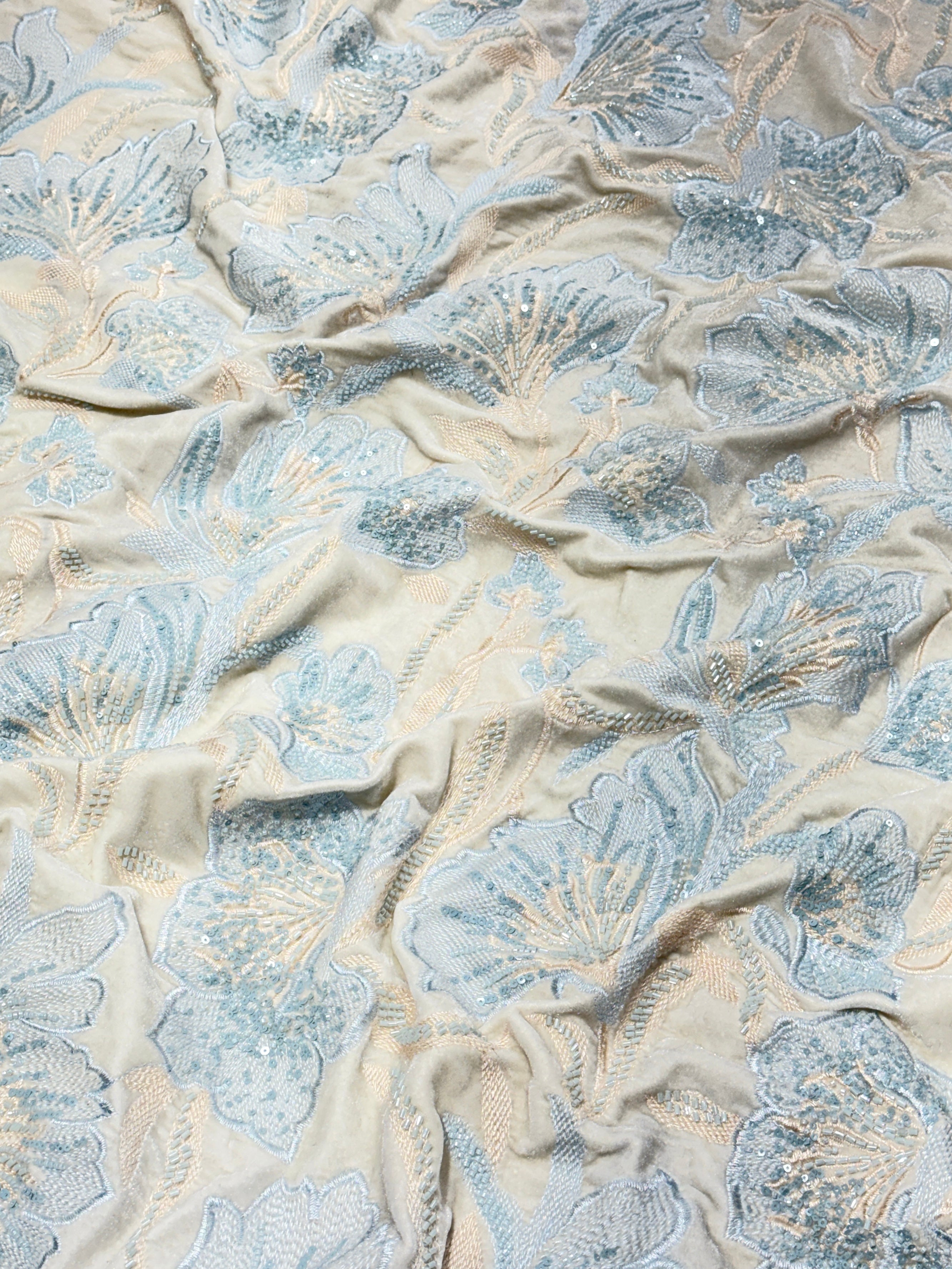 Ice Blue Floral Beaded Velvet Fabric | 2506704