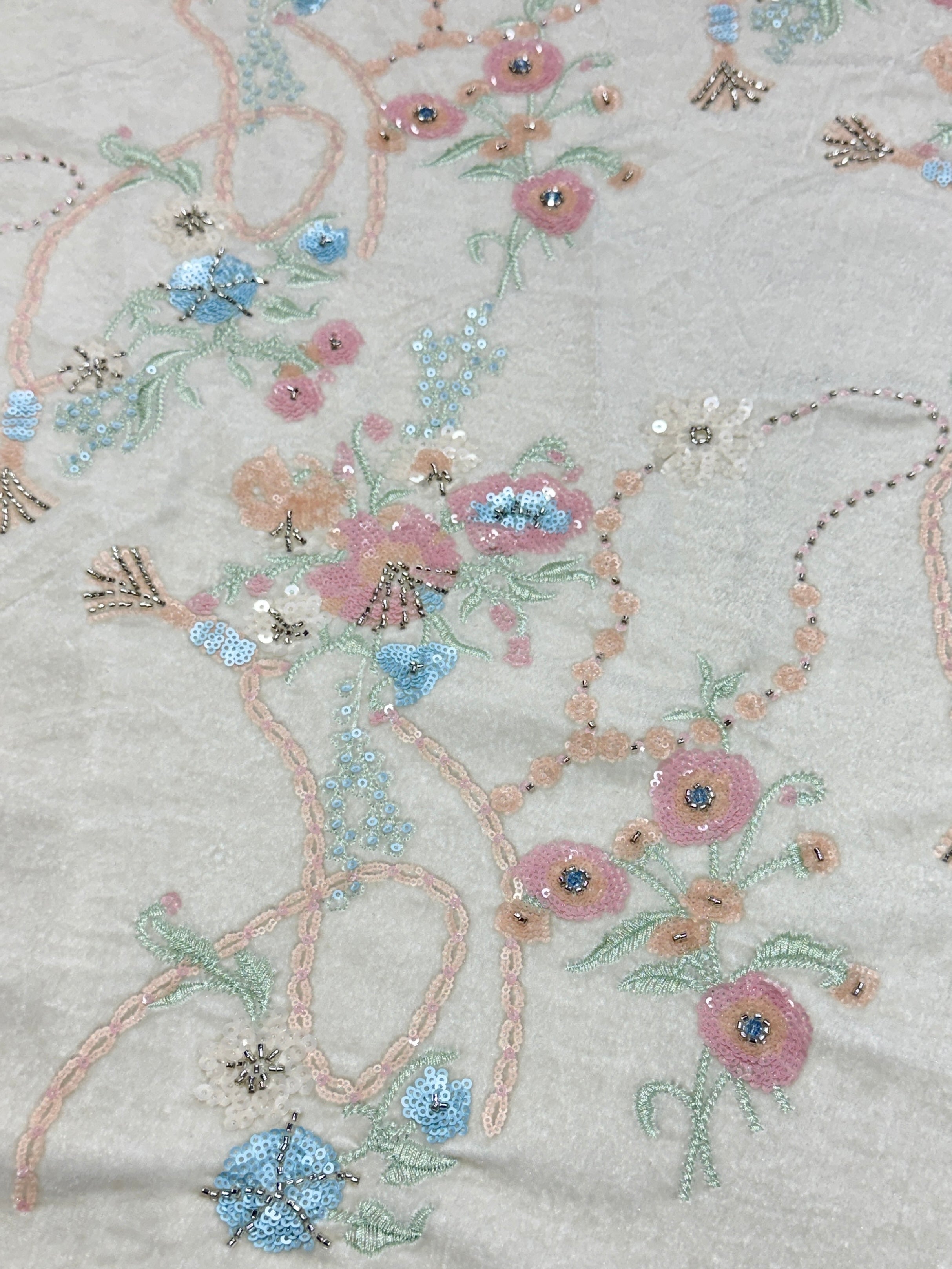 Off-White Pastel Floral Beadwork Velvet Fabric | 2506701