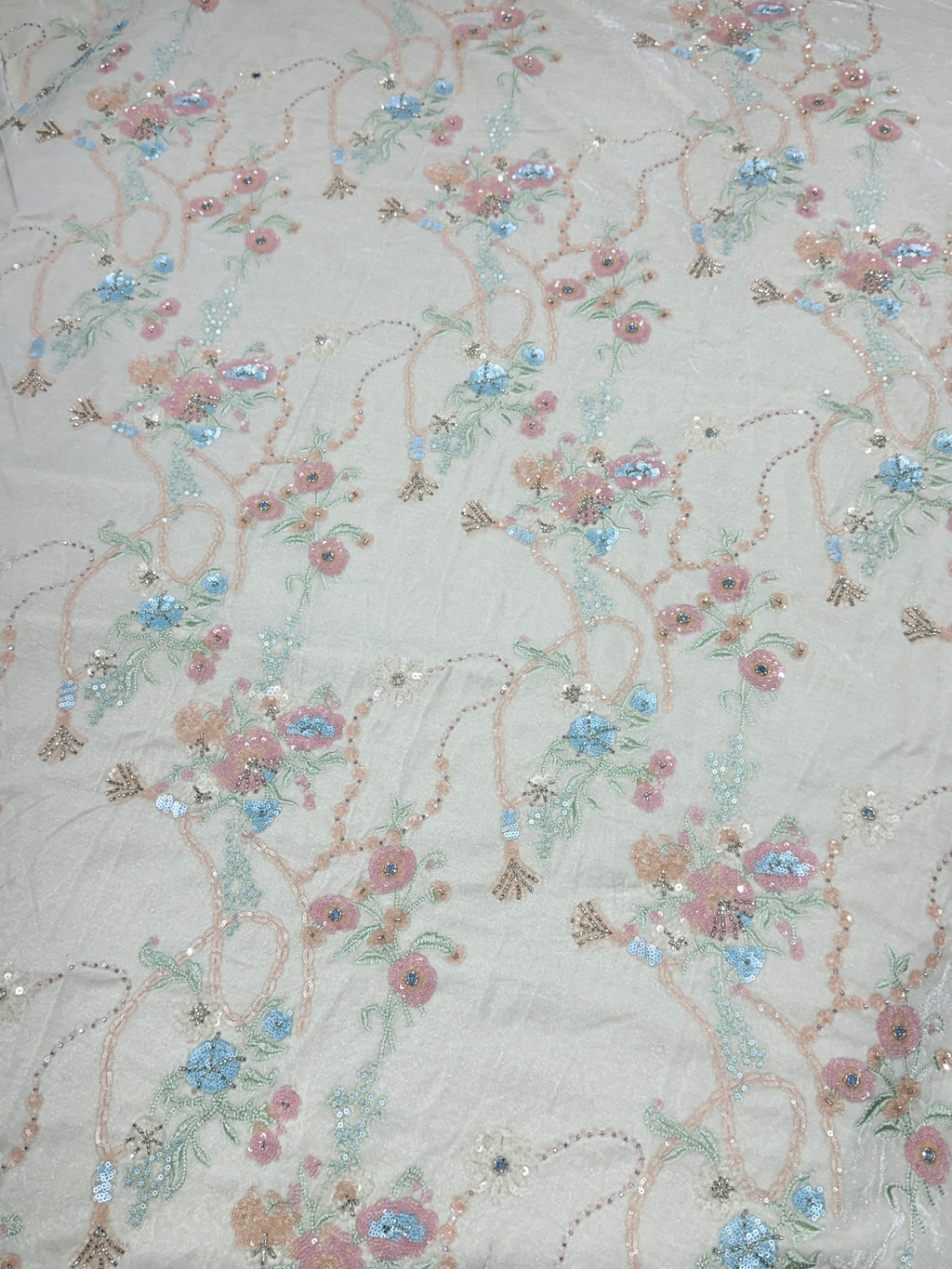 Off-White Pastel Floral Beadwork Velvet Fabric | 2506701