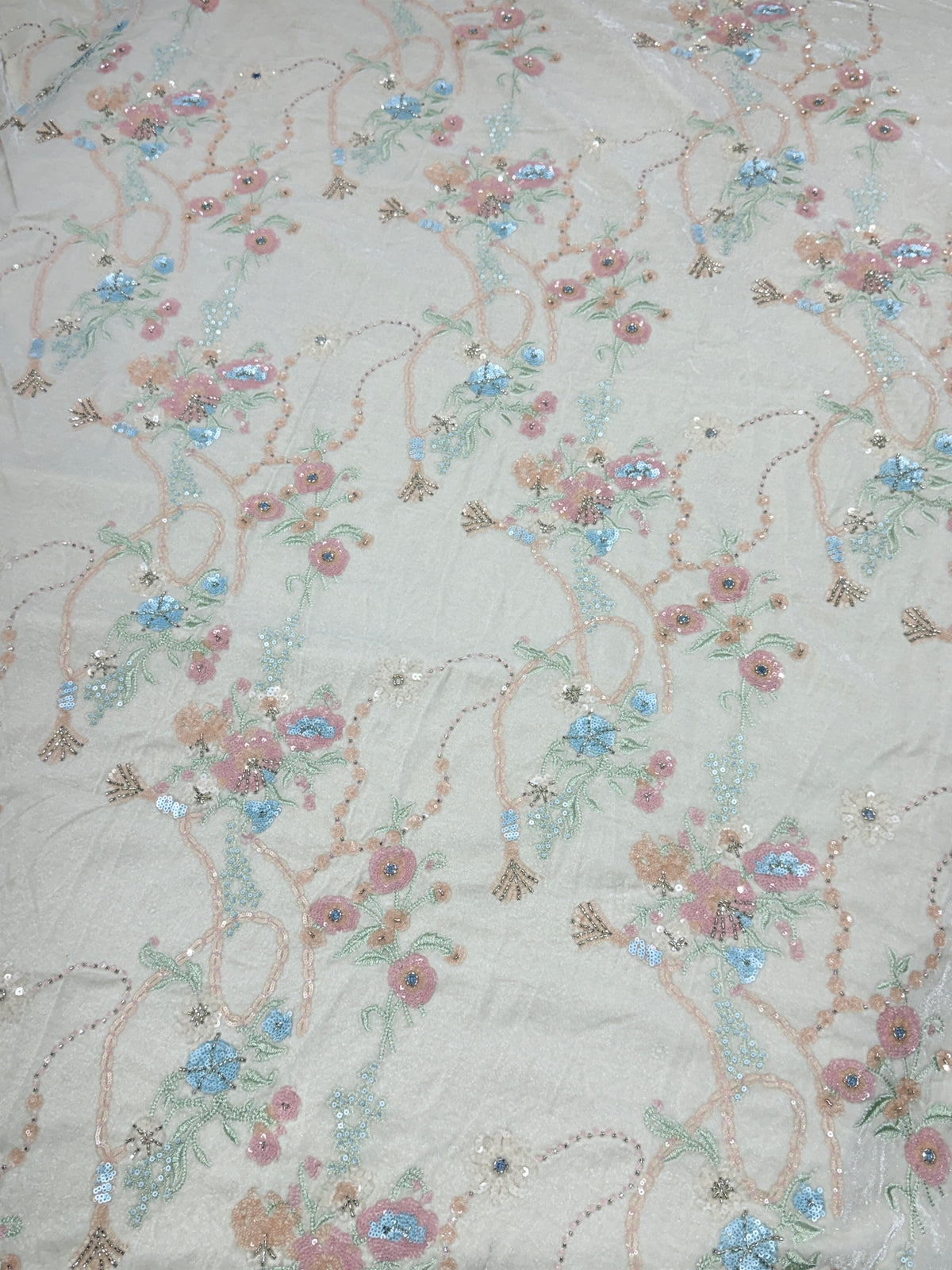 Off-White Pastel Floral Beadwork Velvet Fabric | 2506701