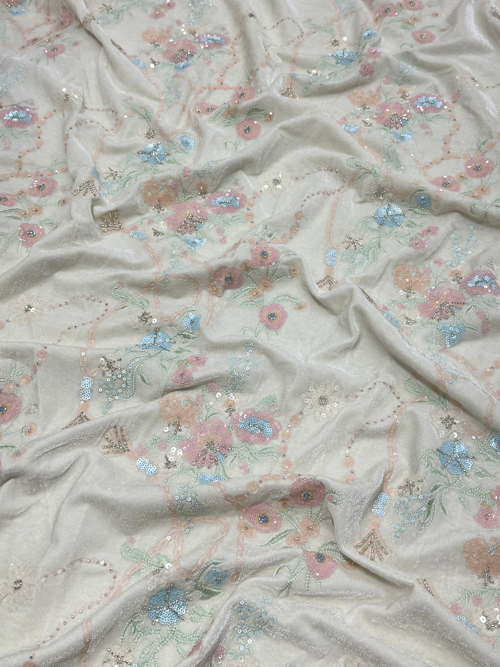 Off-White Pastel Floral Beadwork Velvet Fabric | 2506701