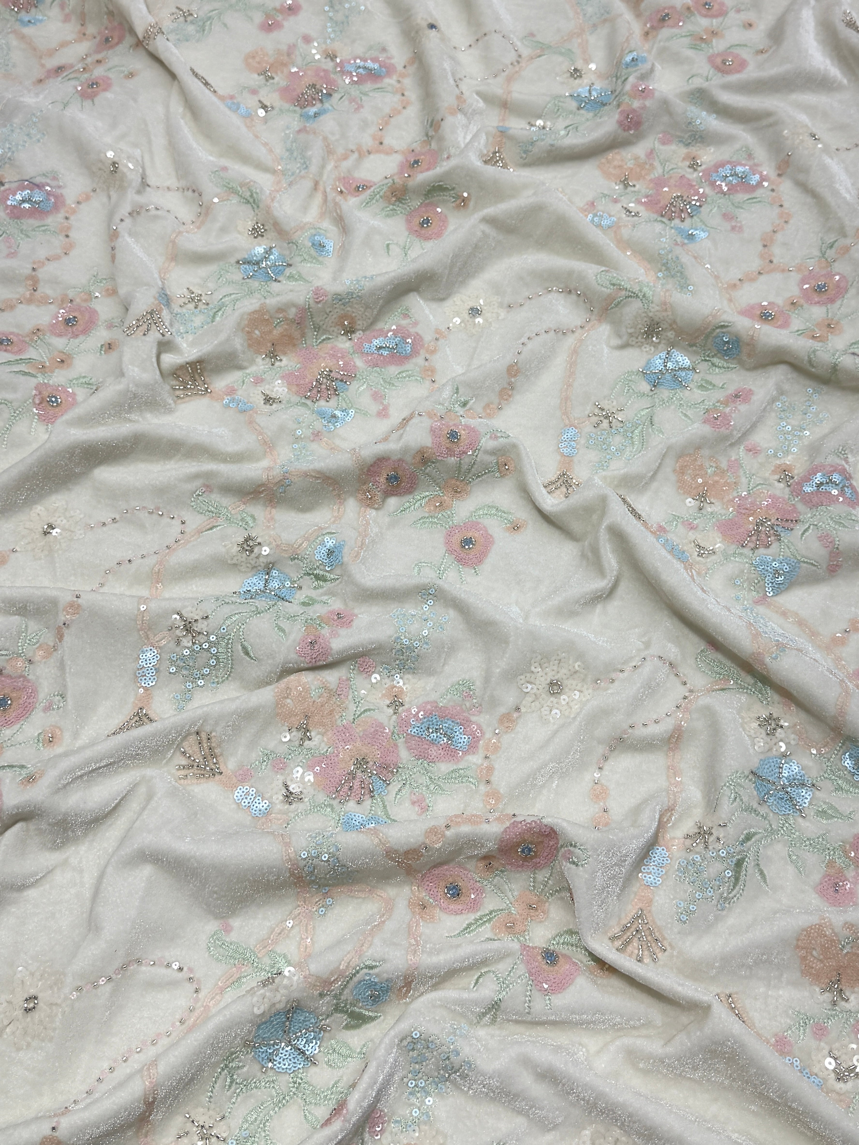 Off-White Pastel Floral Beadwork Velvet Fabric | 2506701