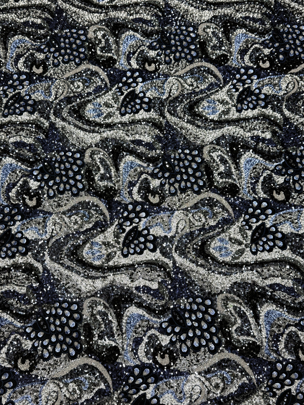 Midnight Paisley Sequin Embroidered Net Fabric | 2506652