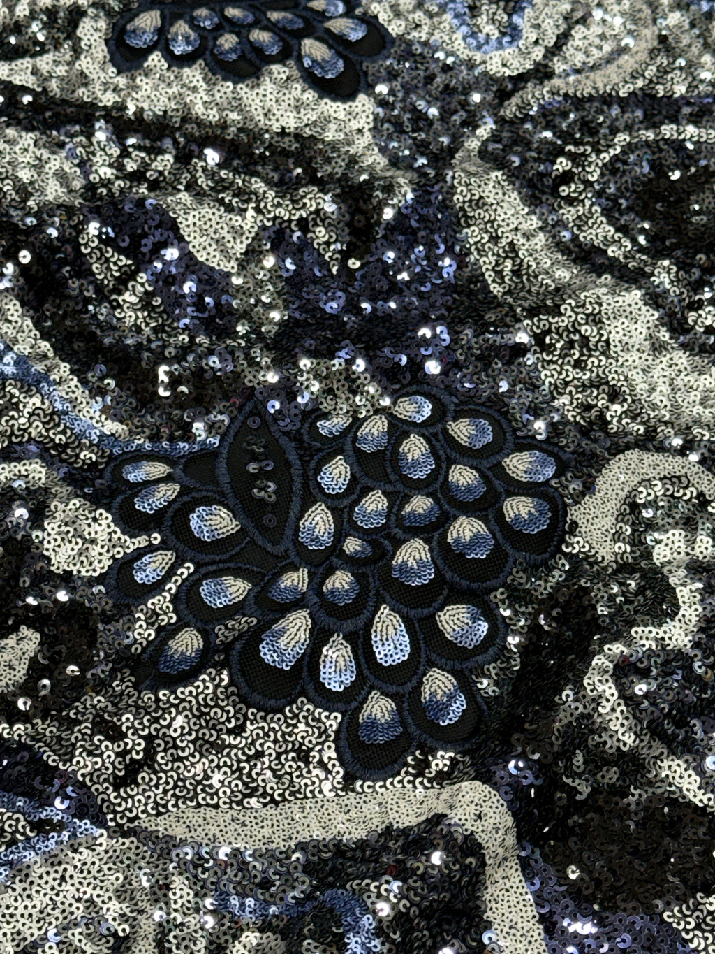 Midnight Paisley Sequin Embroidered Net Fabric | 2506652