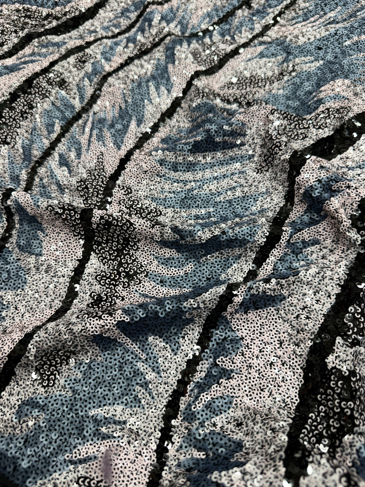 Silver Mist Feather Stripe Sequin Net Fabric | 2506653