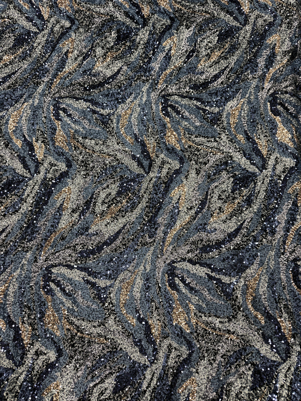 Midnight Gold Feather Sequin Net Fabric | 2506649