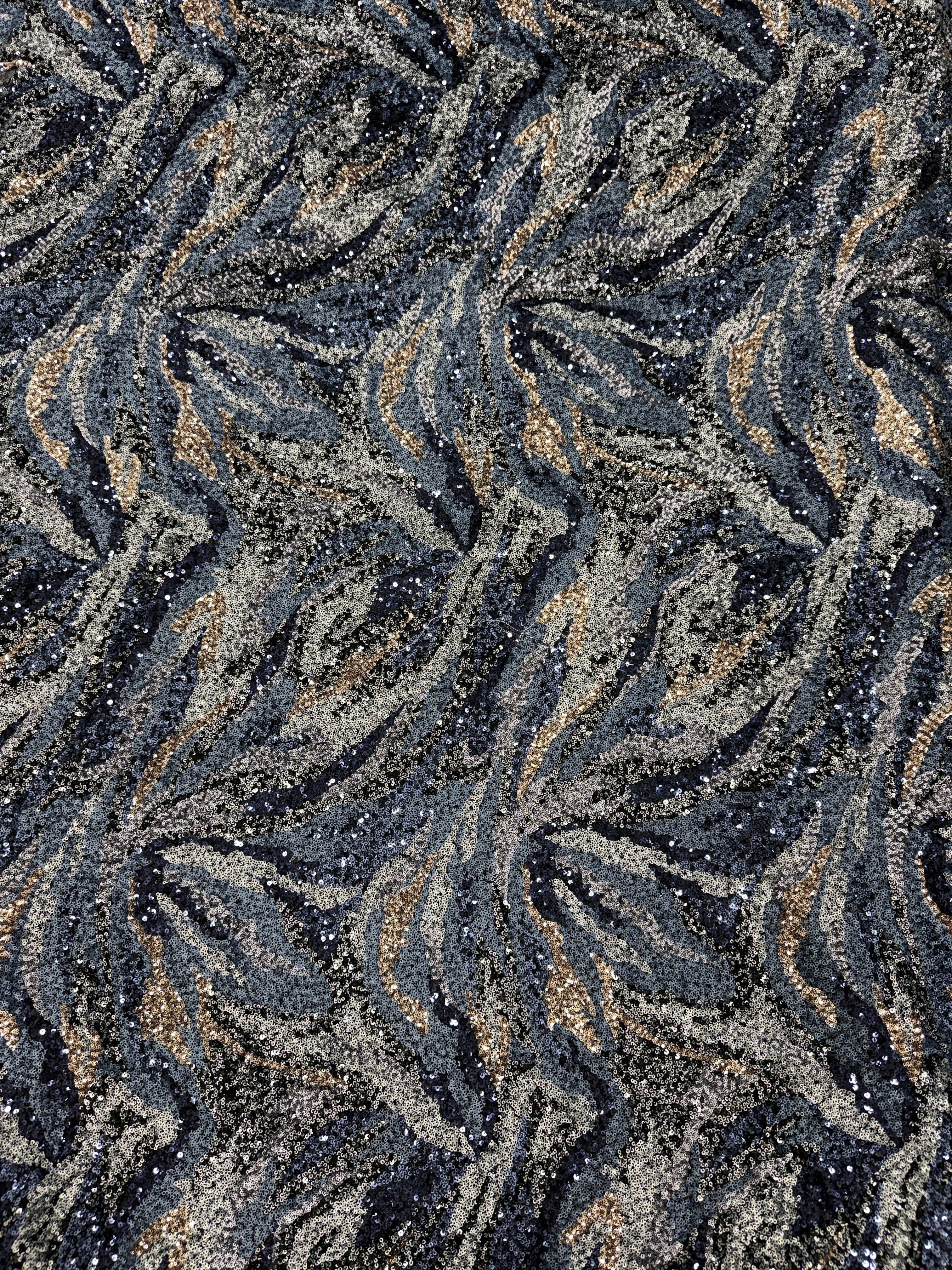 Midnight Gold Feather Sequin Net Fabric | 2506649