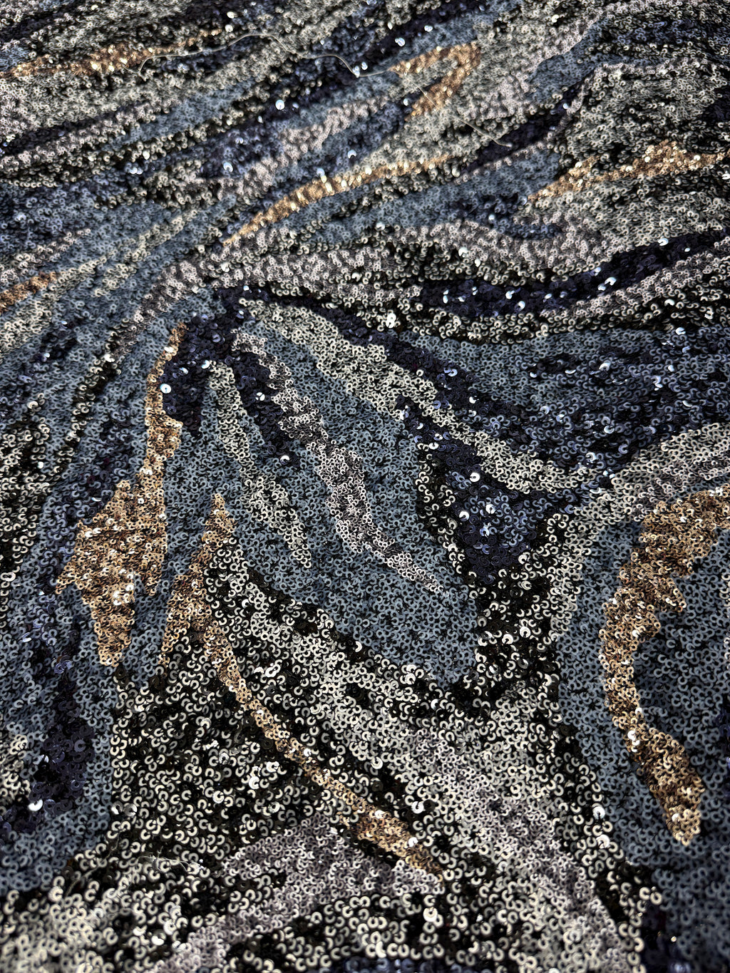 Midnight Gold Feather Sequin Net Fabric | 2506649