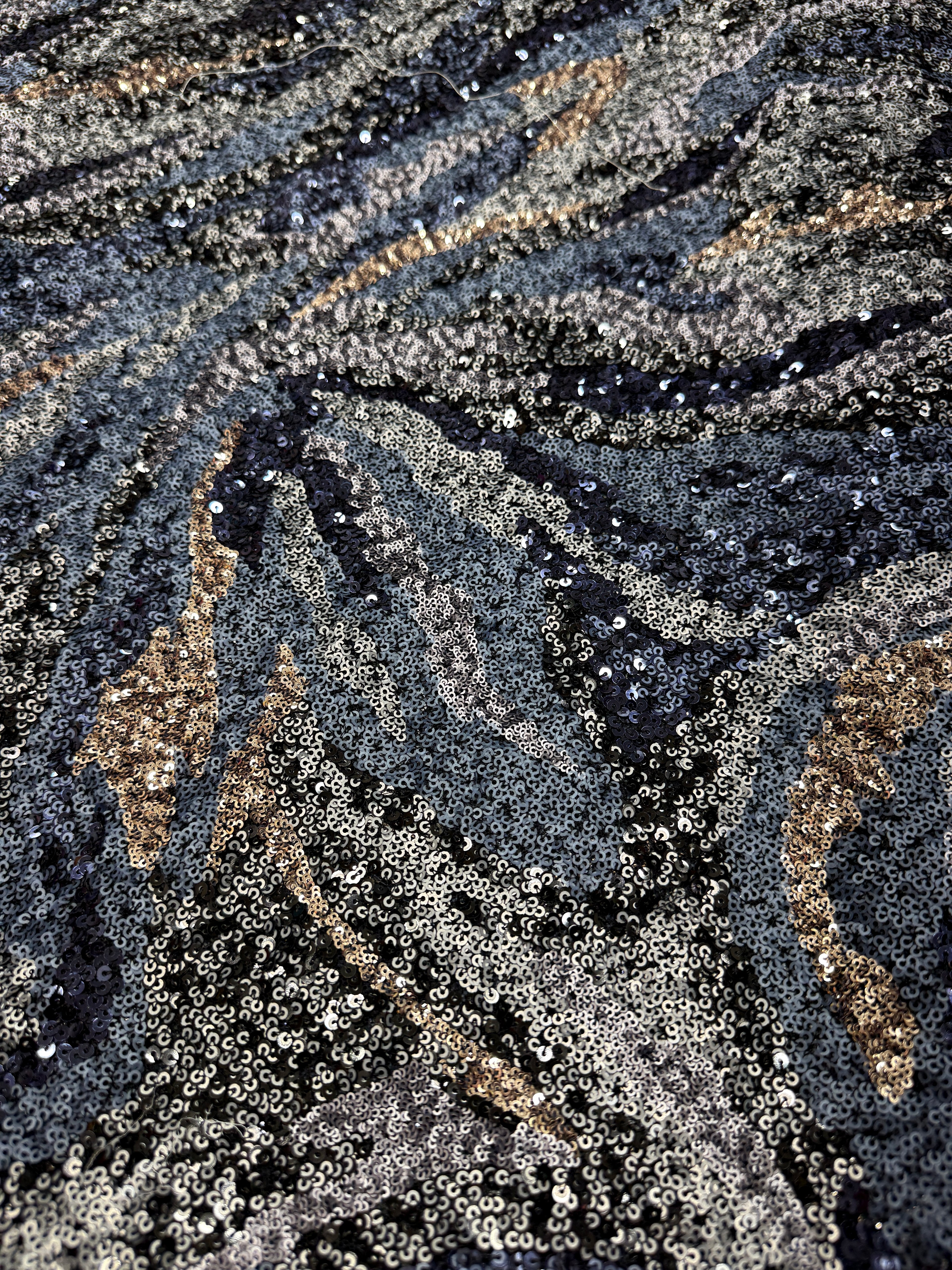 Midnight Gold Feather Sequin Net Fabric | 2506649