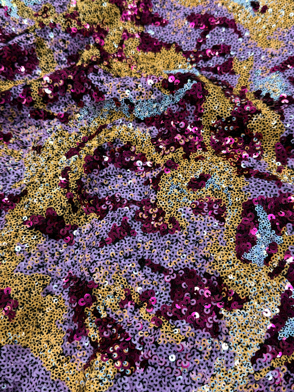 Royal Berry Gold Abstract Sequin Net Fabric | 2506650