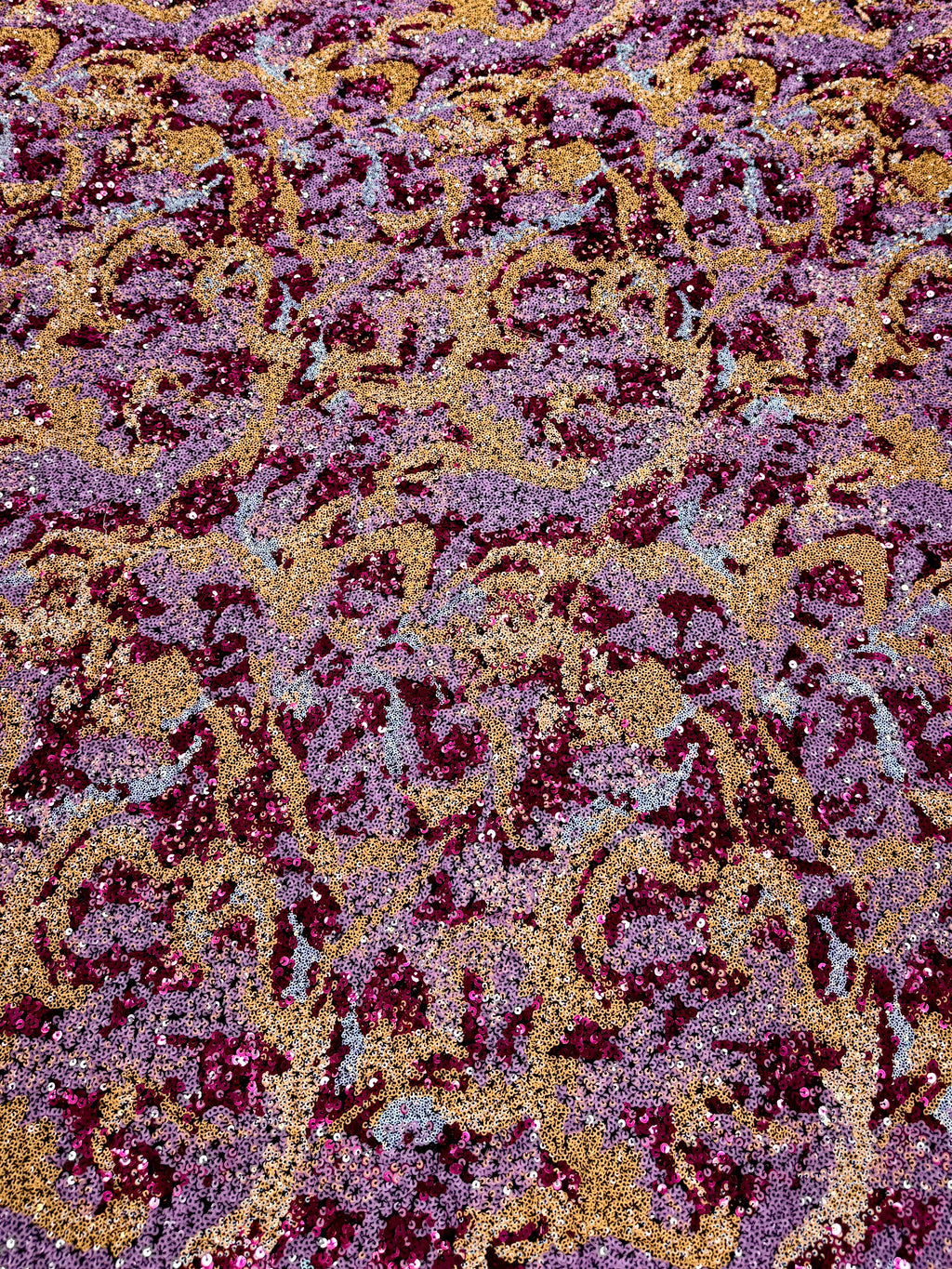 Royal Berry Gold Abstract Sequin Net Fabric | 2506650