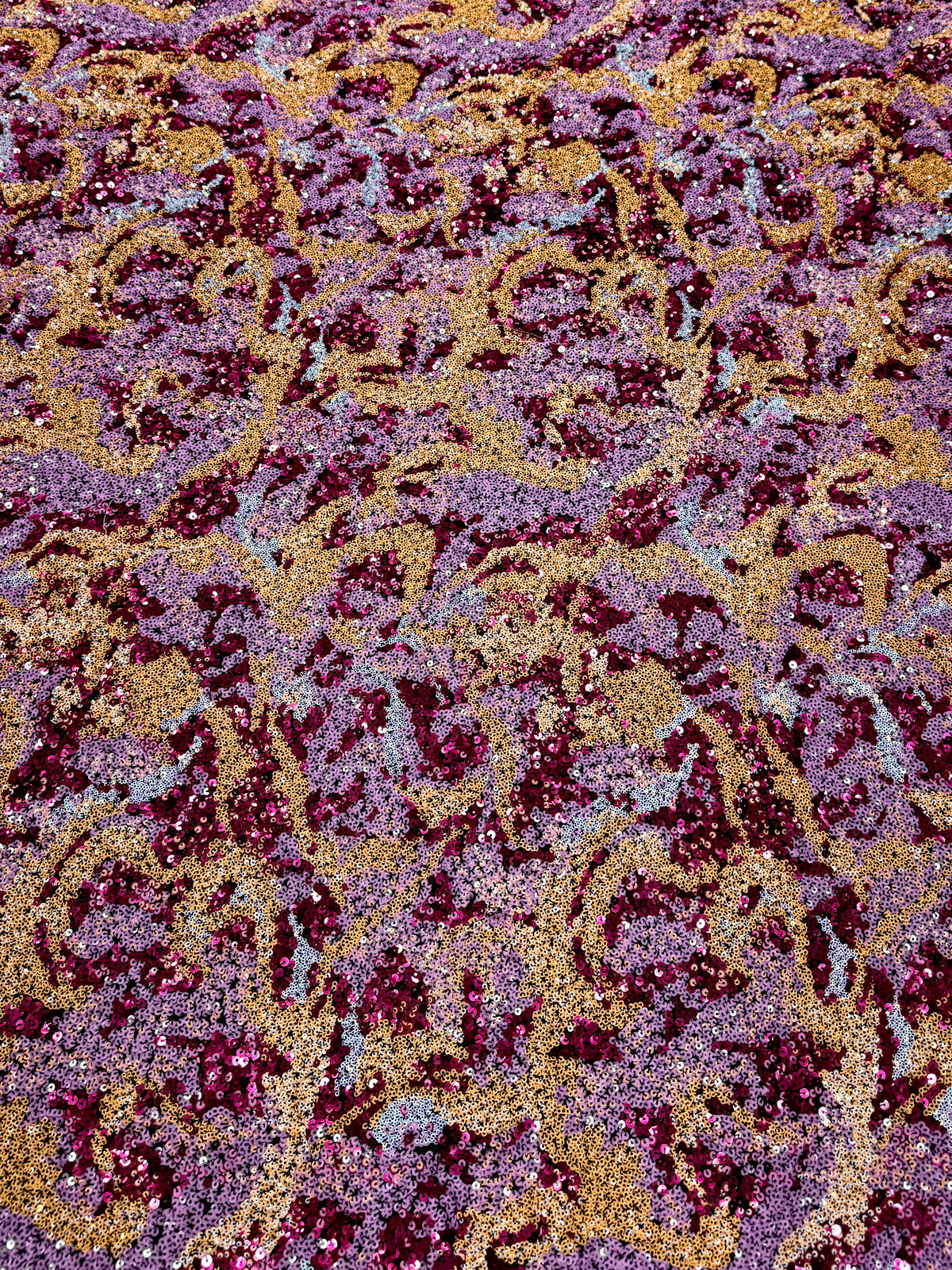 Royal Berry Gold Abstract Sequin Net Fabric | 2506650