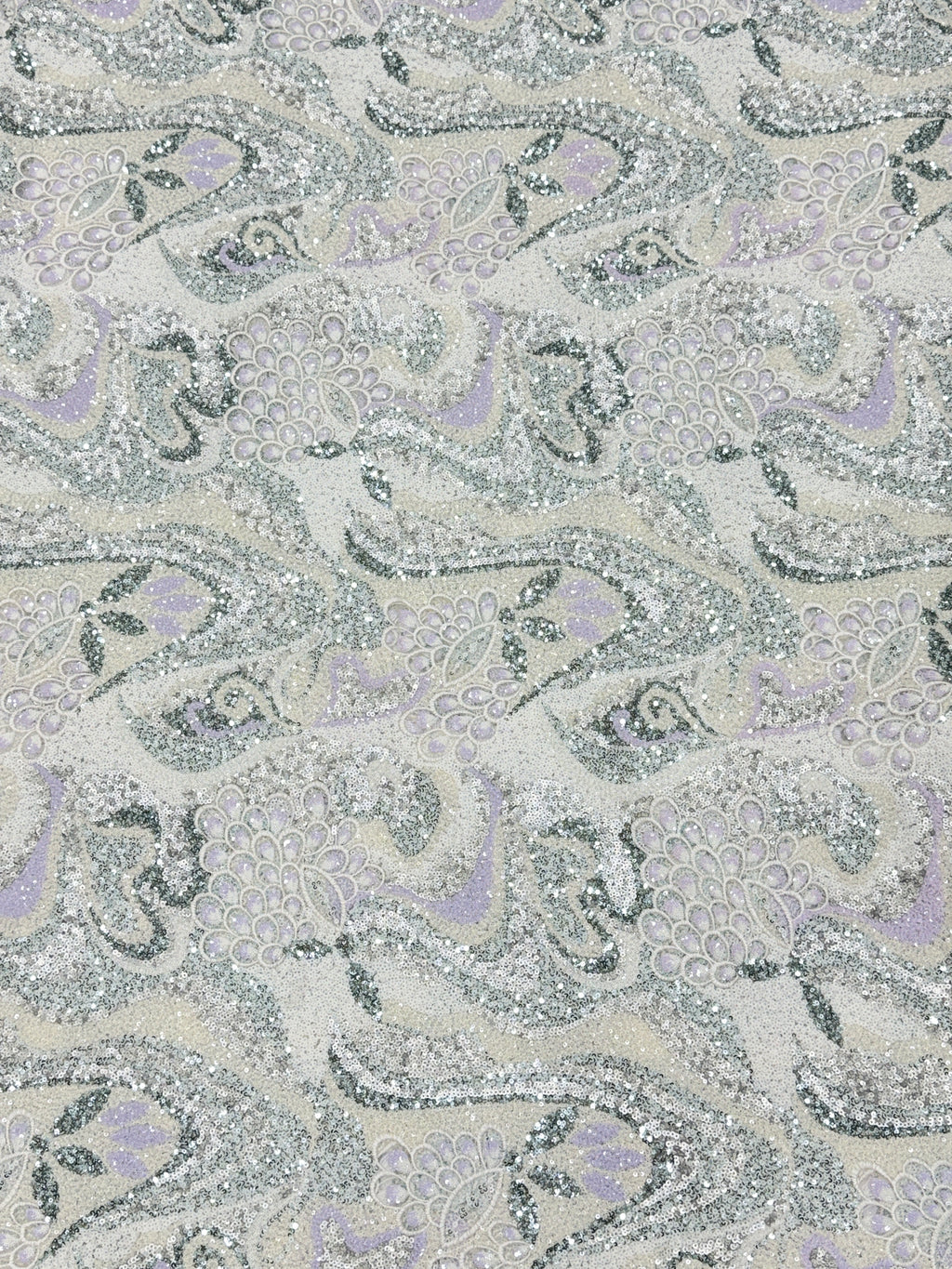 Pearl Lavender Paisley Sequin Net Fabric | 2506652