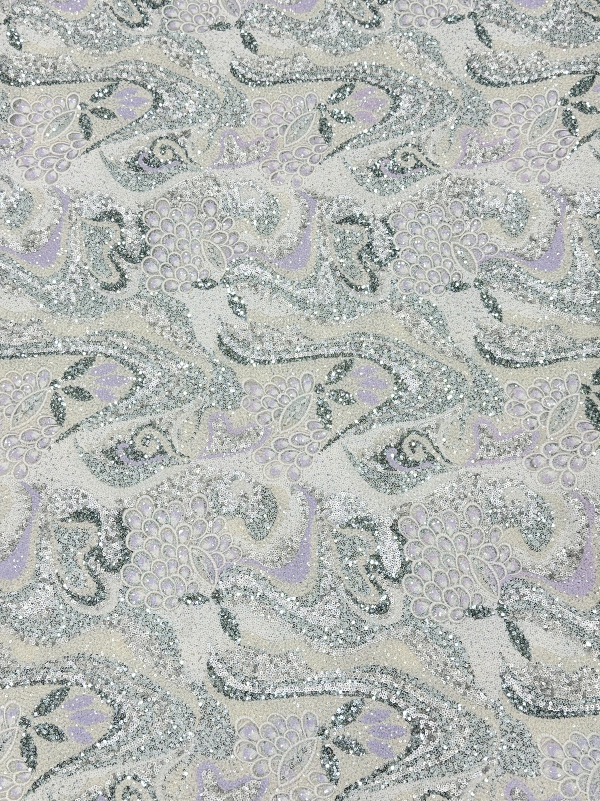Pearl Lavender Paisley Sequin Net Fabric | 2506652