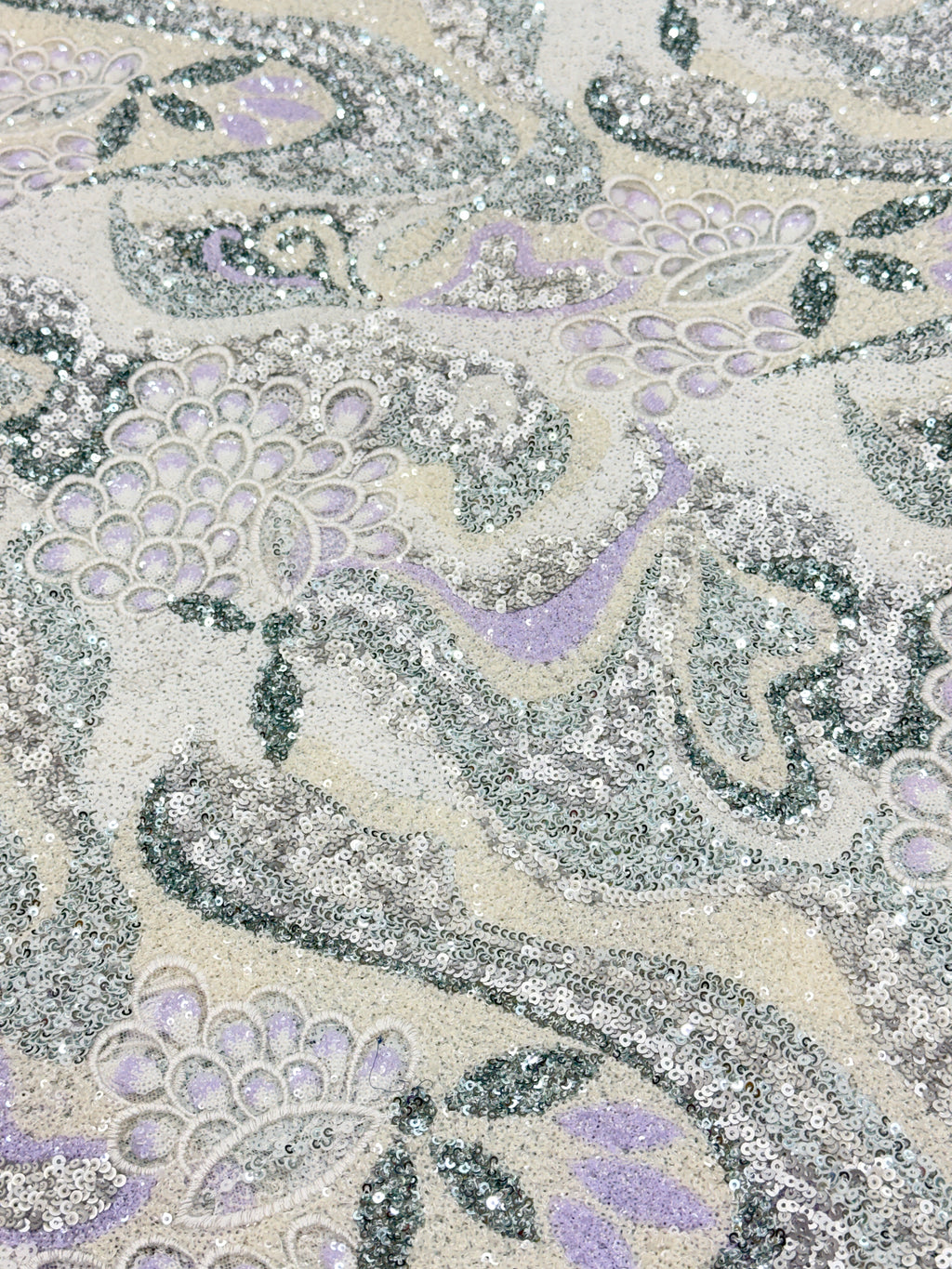 Pearl Lavender Paisley Sequin Net Fabric | 2506652