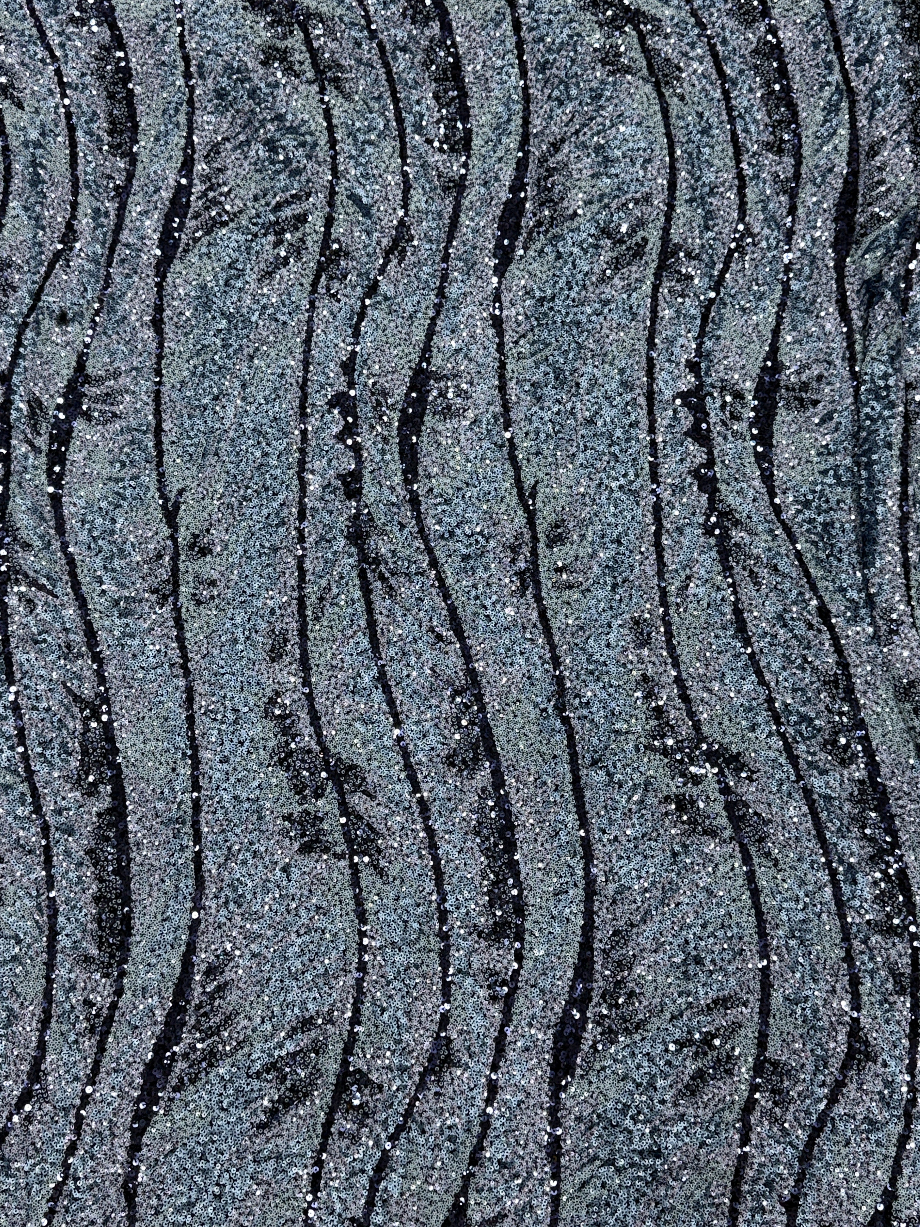 Midnight Blue Wave Sequin Net Fabric | 2506653