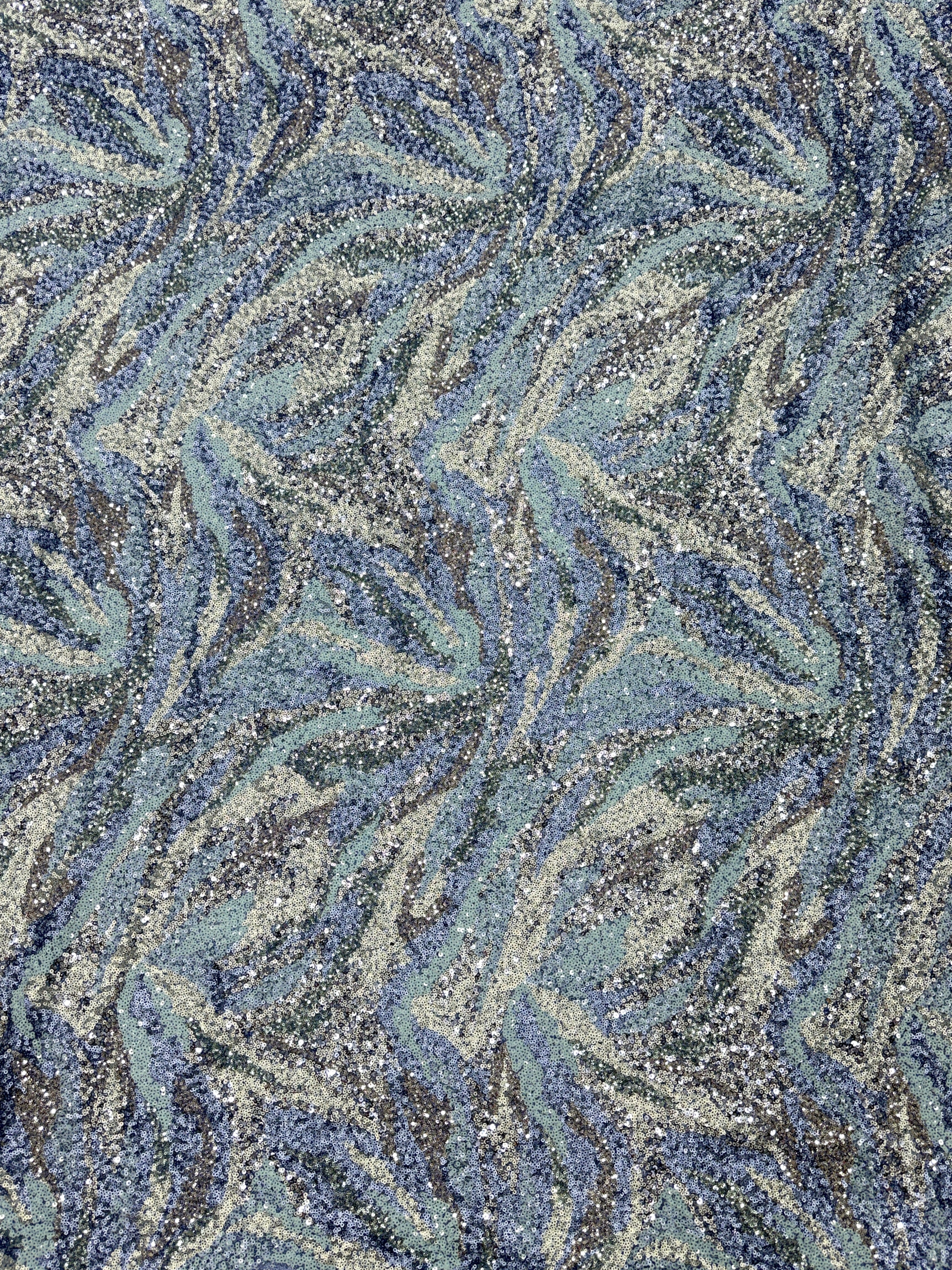 Ice Blue Feather Wave Sequin Net Fabric | 2506649