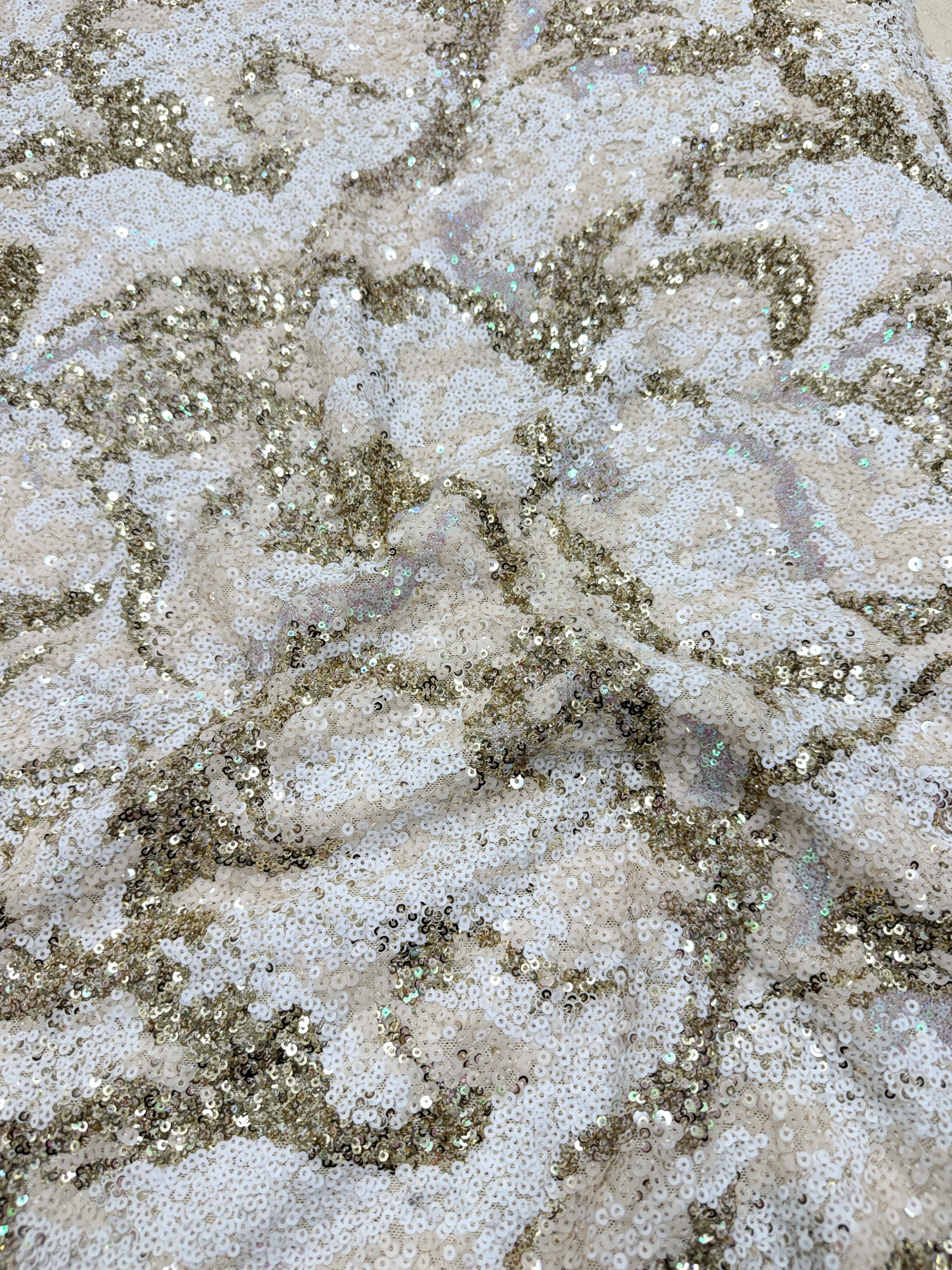 Ivory Champagne Floral Sequin Net Fabric | 2506650