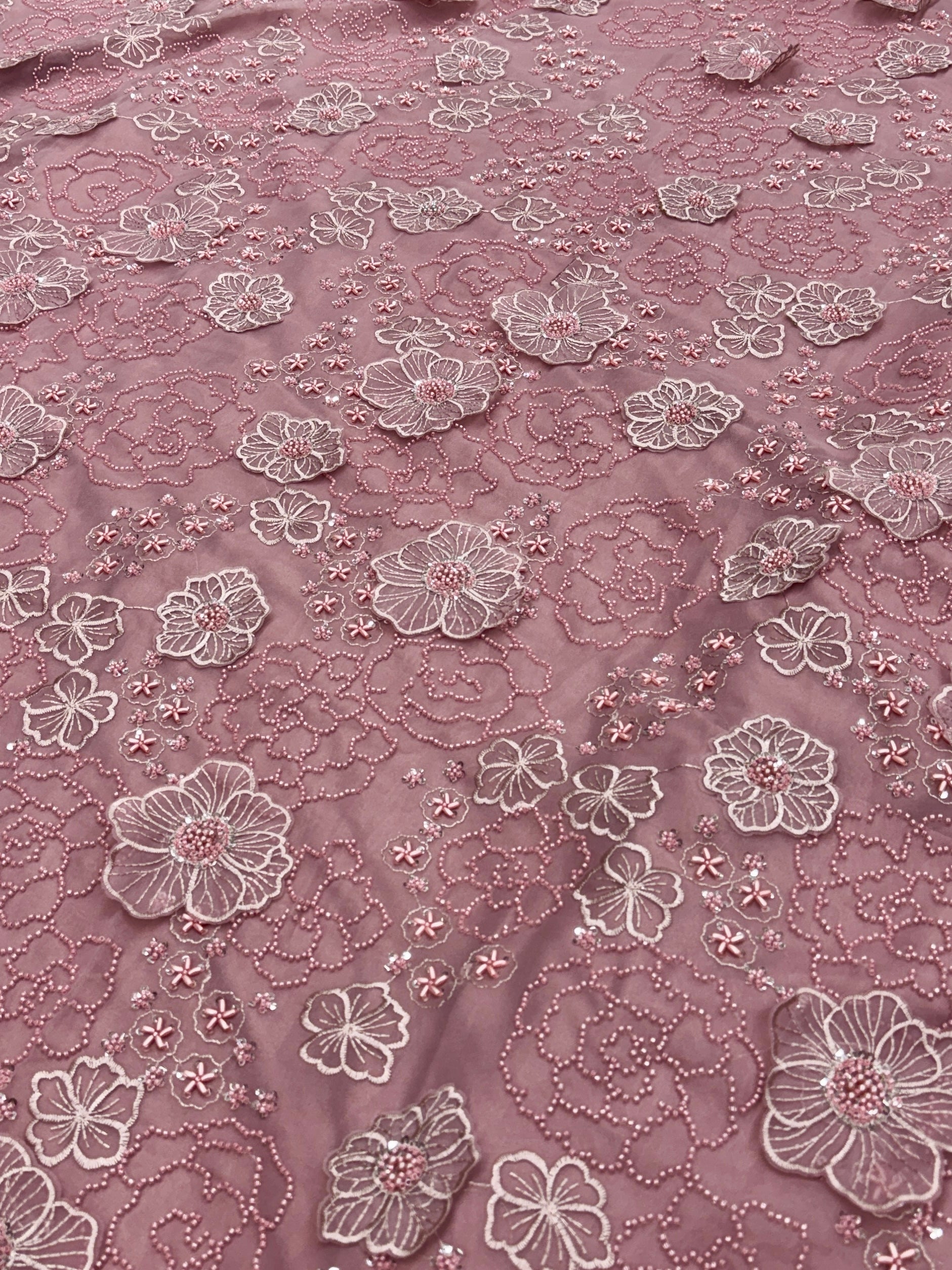 Rose Floral Beaded Patchwork Glass Organza Fabric | 2503451