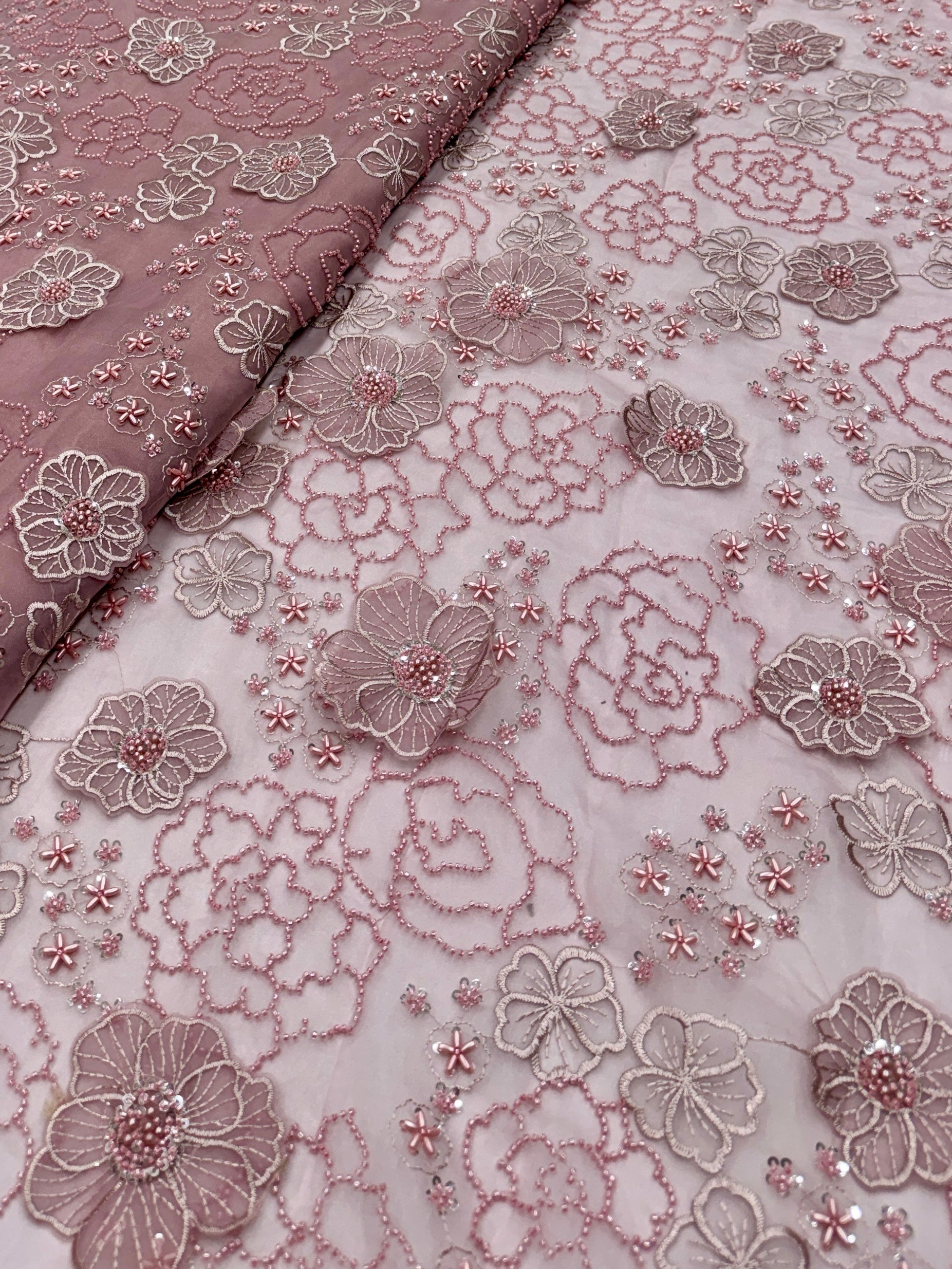 Rose Floral Beaded Patchwork Glass Organza Fabric | 2503451