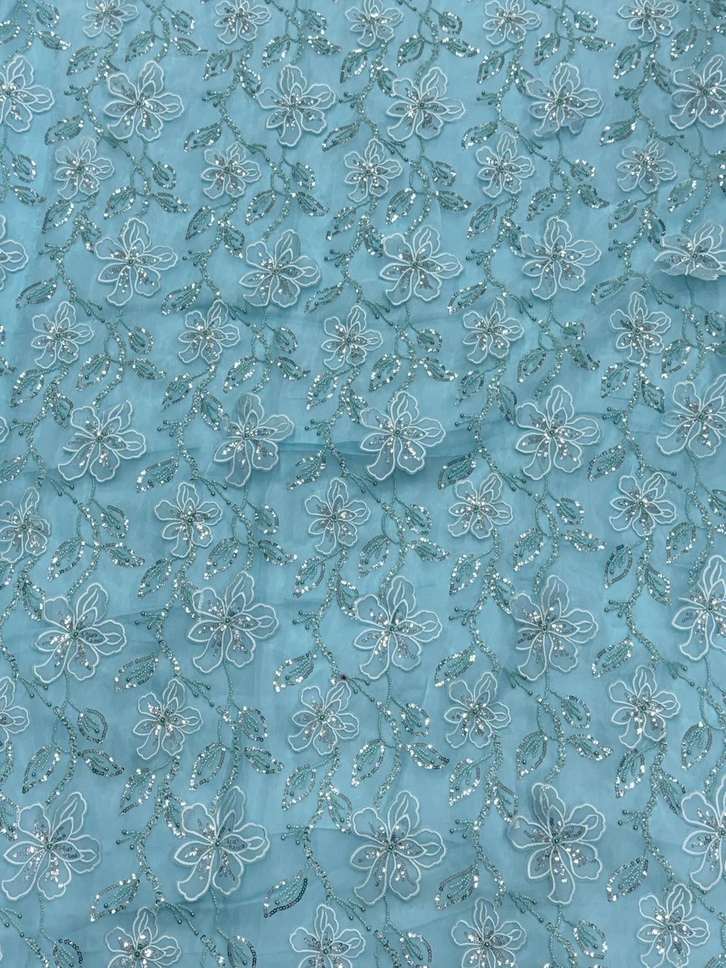 Sky Blue Floral Sequin Patchwork Glass Organza Fabric | 2503454