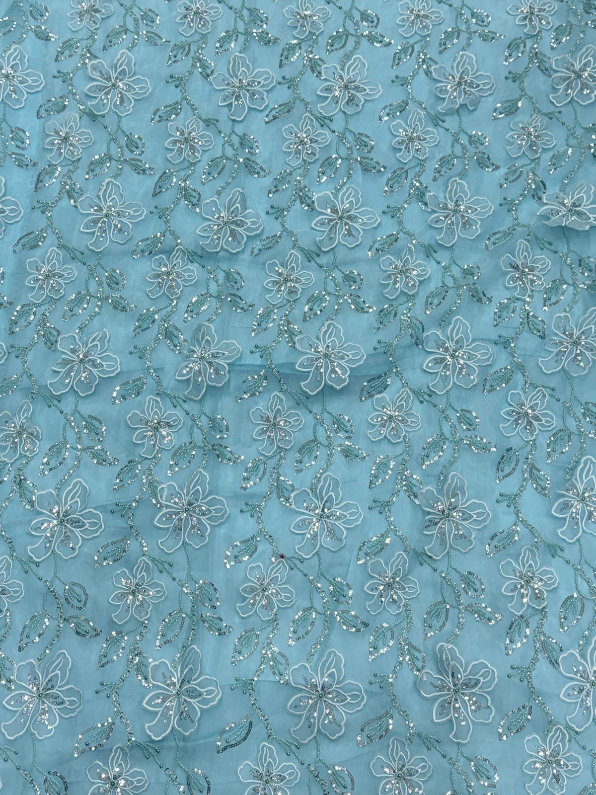Sky Blue Floral Sequin Patchwork Glass Organza Fabric | 2503454