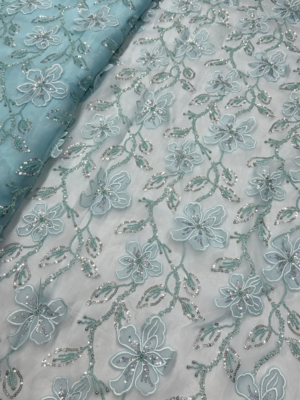 Sky Blue Floral Sequin Patchwork Glass Organza Fabric | 2503454