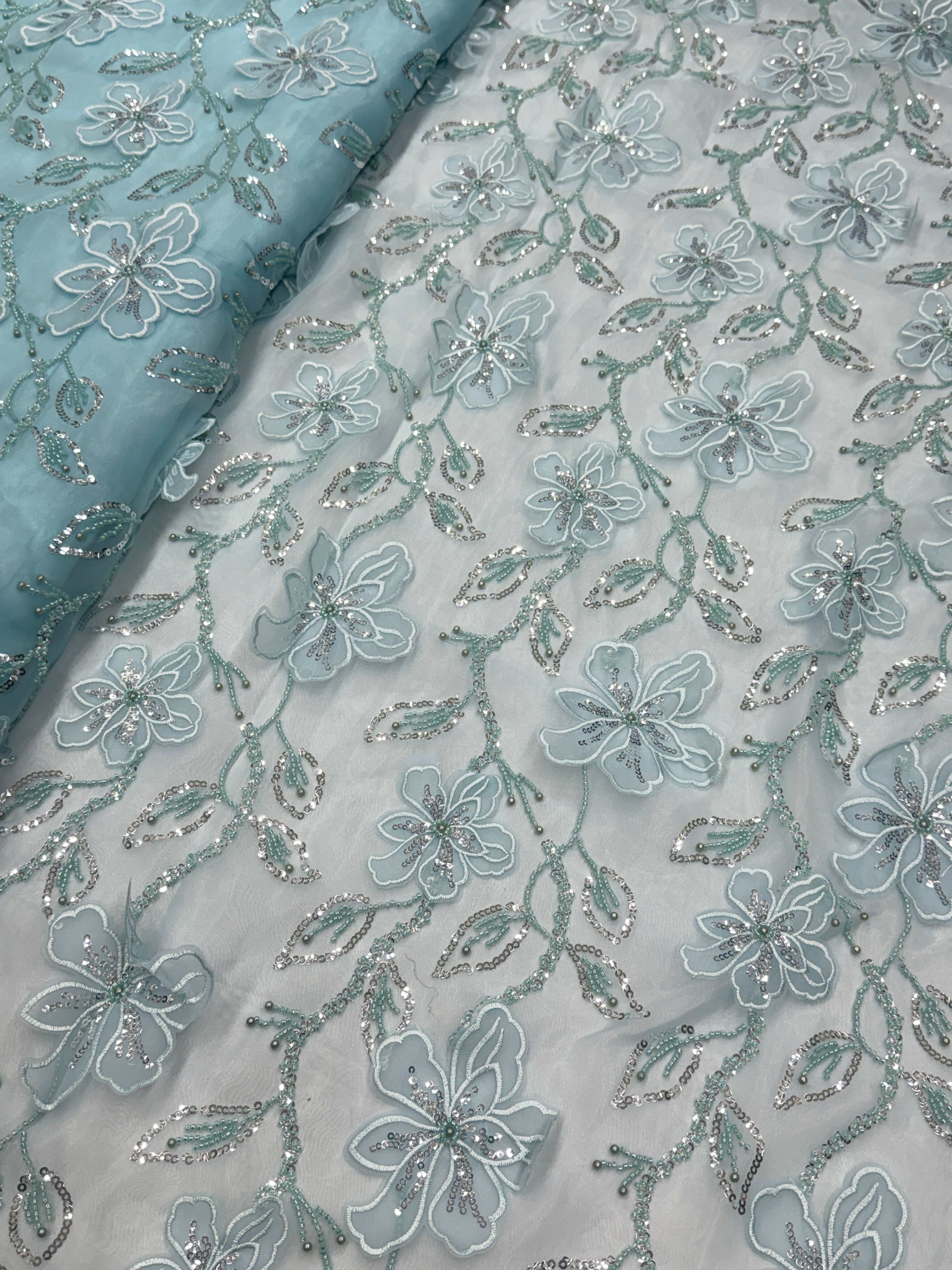 Sky Blue Floral Sequin Patchwork Glass Organza Fabric | 2503454