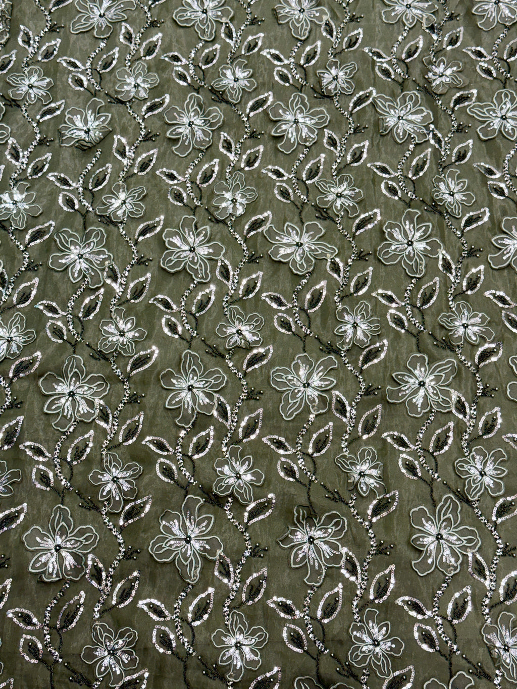 Olive Green Floral Patchwork Glass Organza Fabric | 2503452
