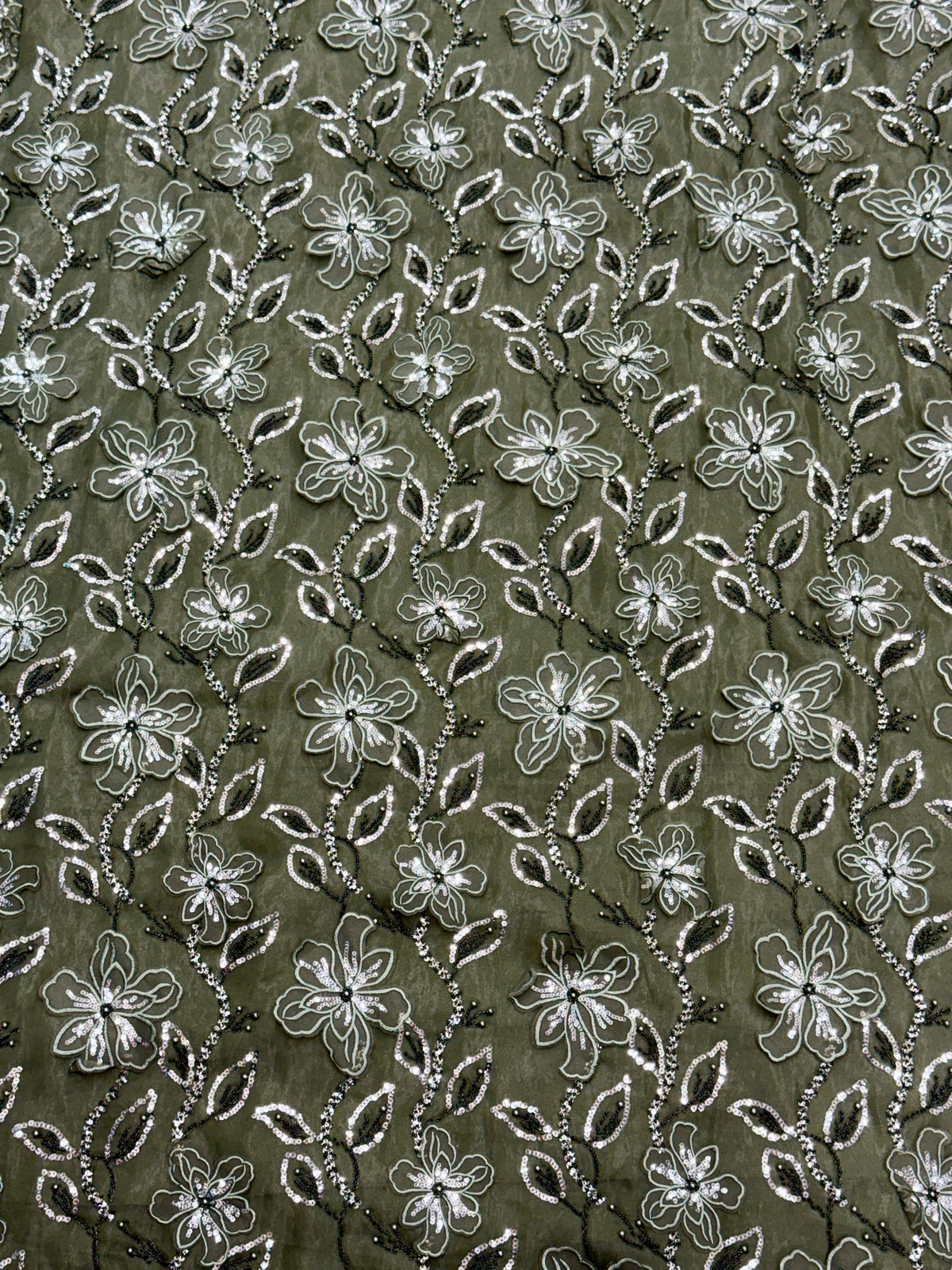 Olive Green Floral Patchwork Glass Organza Fabric | 2503452
