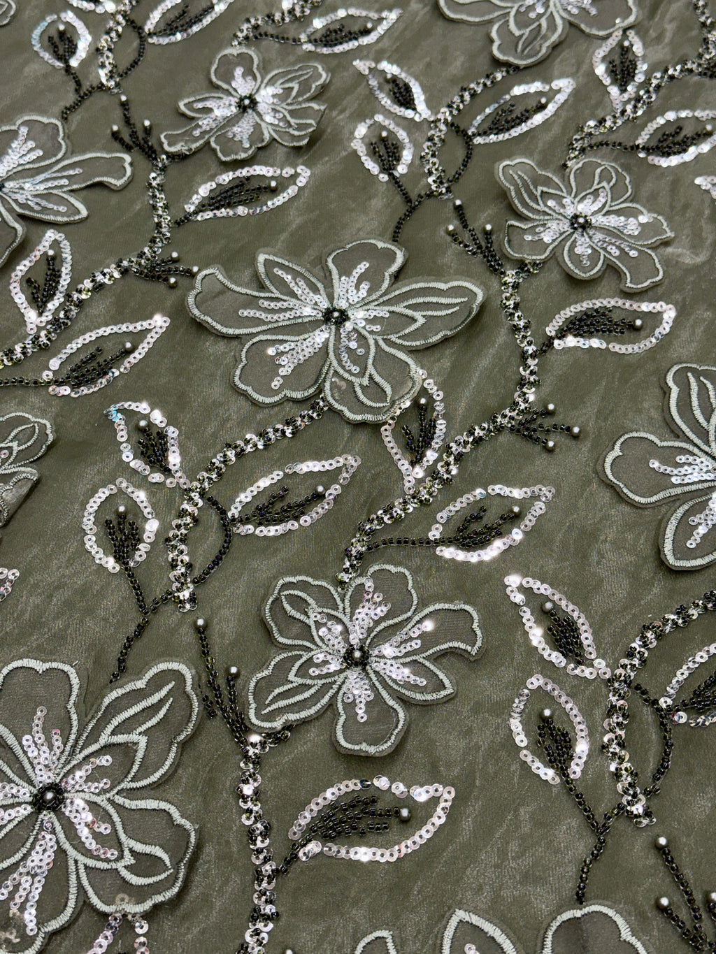 Olive Green Floral Patchwork Glass Organza Fabric | 2503452