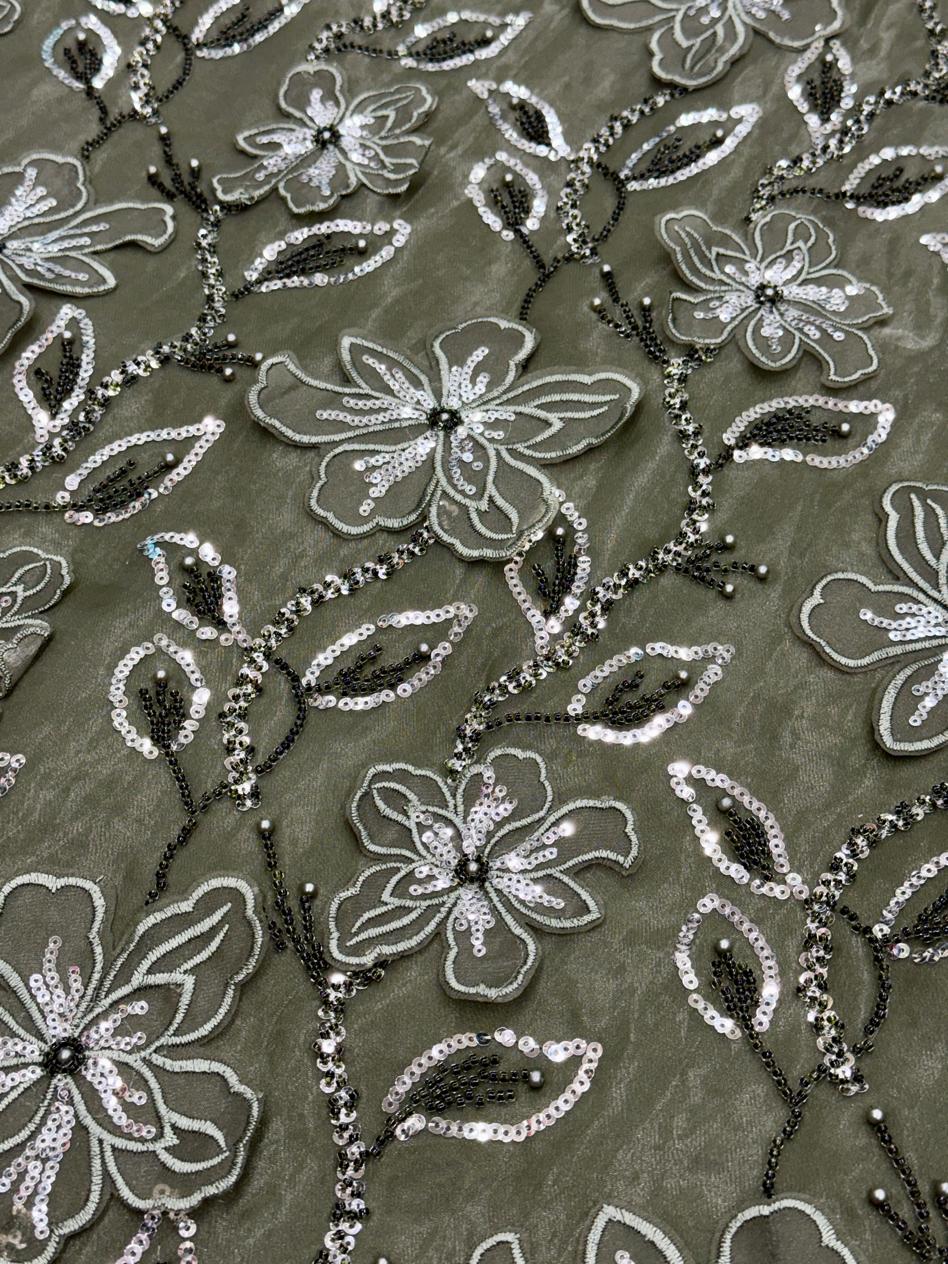 Olive Green Floral Patchwork Glass Organza Fabric | 2503452